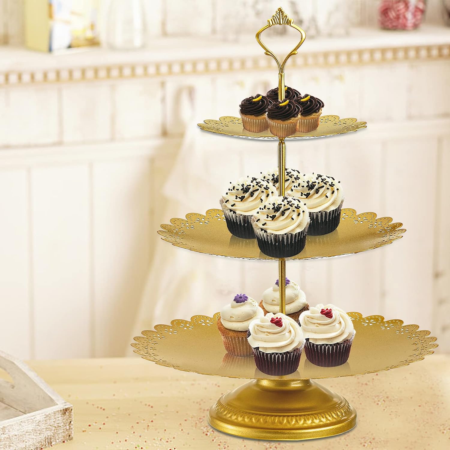 Jucoan 10 Pieces Gold Metal Cake Stand Set, Cupcake Holder Pastry Candy Fruits Serving Plate, Gold Dessert Table Stands and Trays Set for Wedding Birthday Baby Shower Bridal Shower Tea Party