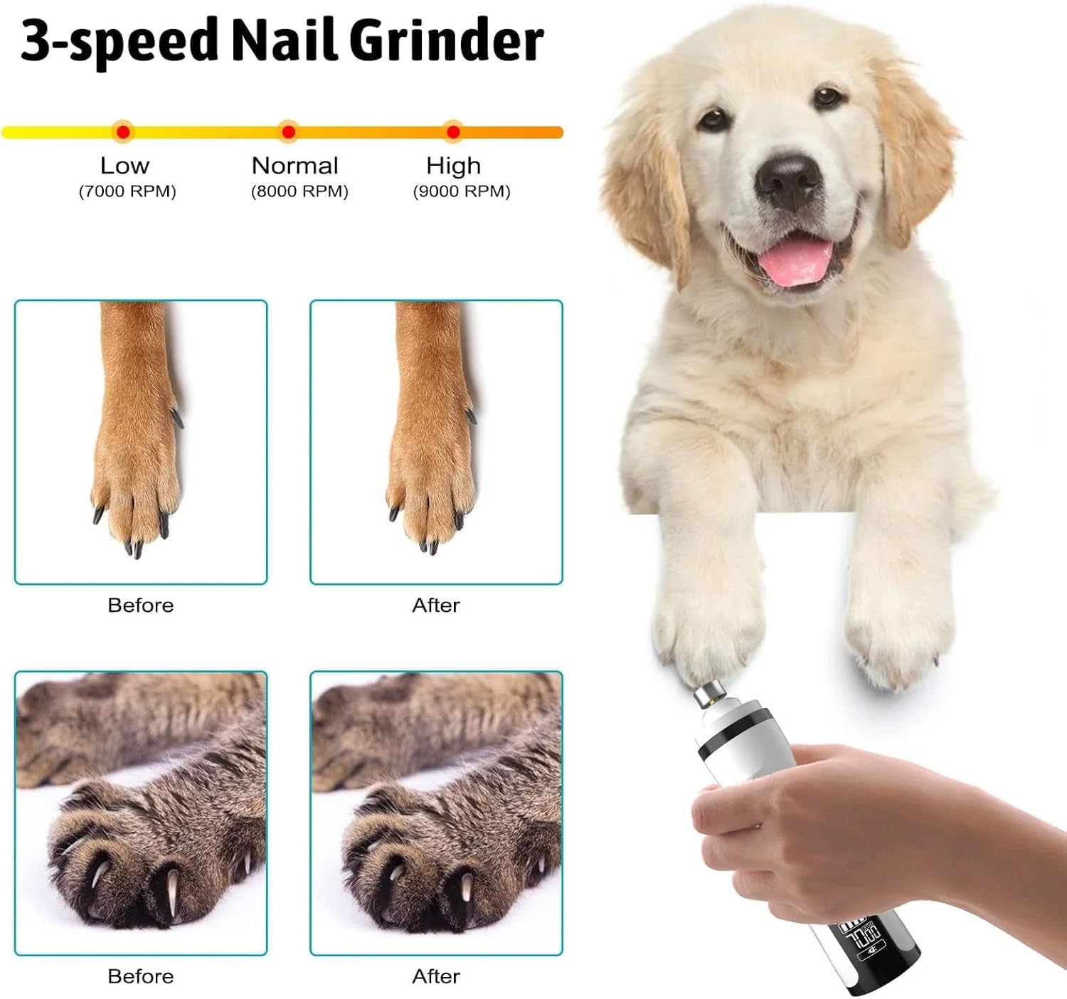 Molinillo de uñas mejorado para perros, carga USB rápida con cabezales de repuesto, herramienta de aseo de patas sin dolor