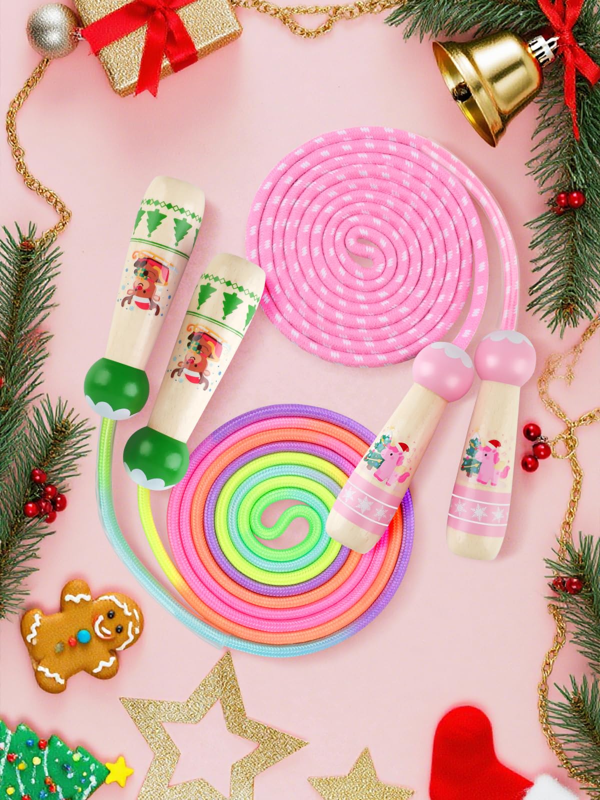 Kalolary Corda Per Saltare Bambini Natale - Regolabile 2,6m, Manico In Legno, Morbida E Sicura (Verde E Rosa)
