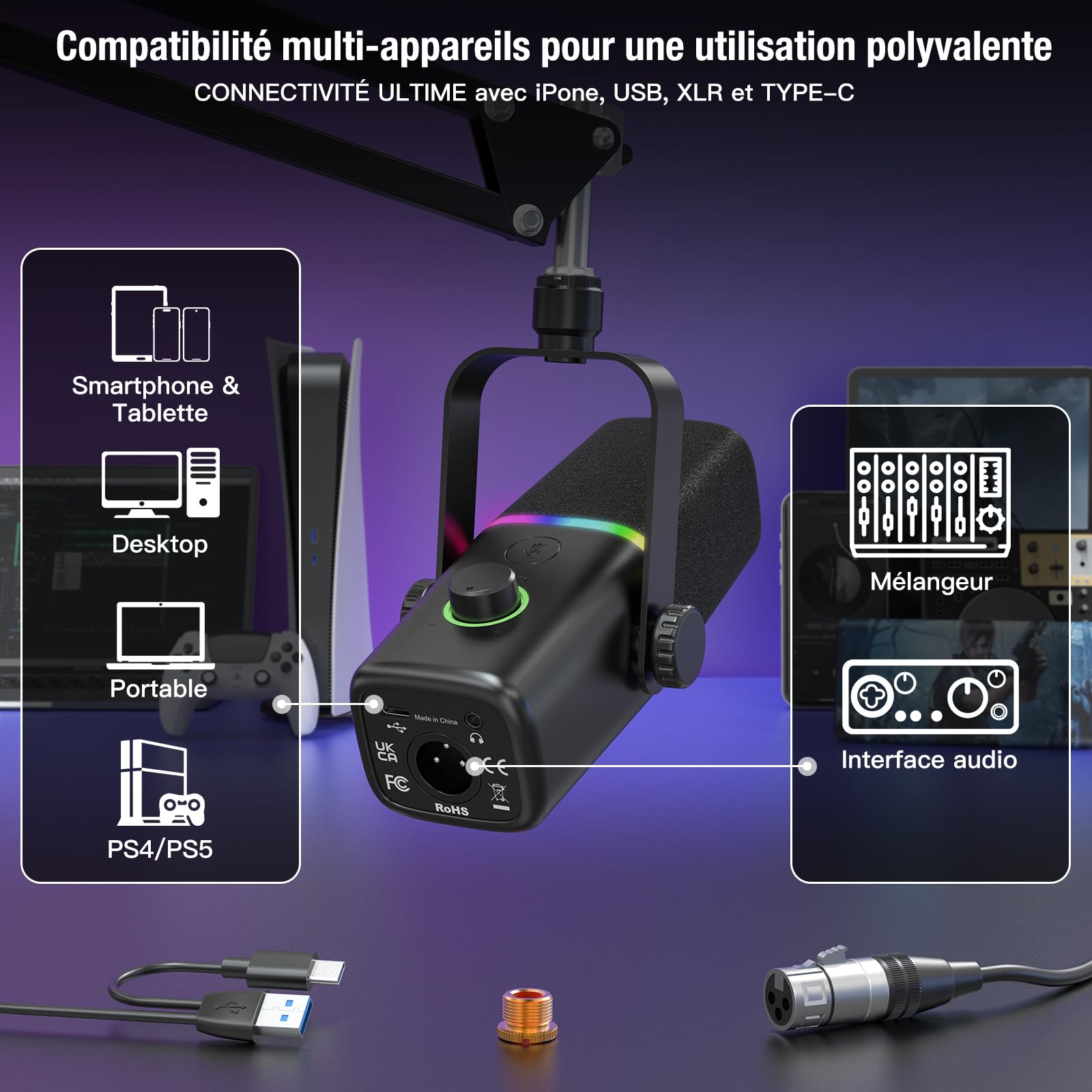 zealsound Microphone Dynamique Vocal pour iPhone Phone PC, Mic Studio Professionnel XLR/USB avec Mute/Monitor,pour Gaming,Podcast,Broadcast,Streaming,Musiciens,Enregistrement de Chant,Youtuber