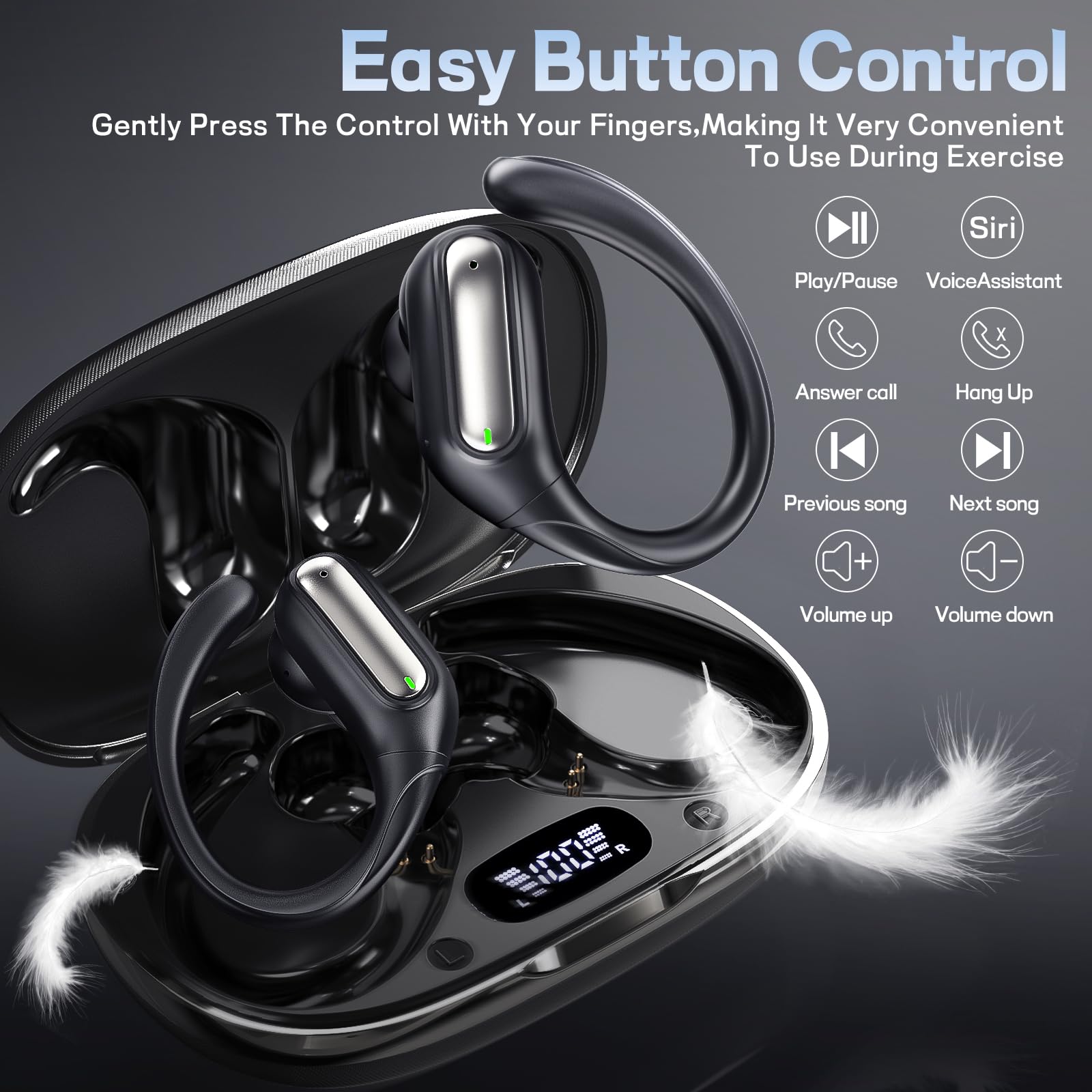 Auricolari sportivi senza fili, resistenti al sudore, con Bluetooth 6.0, suono stereo Hi-Fi, 80 ore di autonomia, facile controllo con pulsante per corsa, allenamento, palestra
