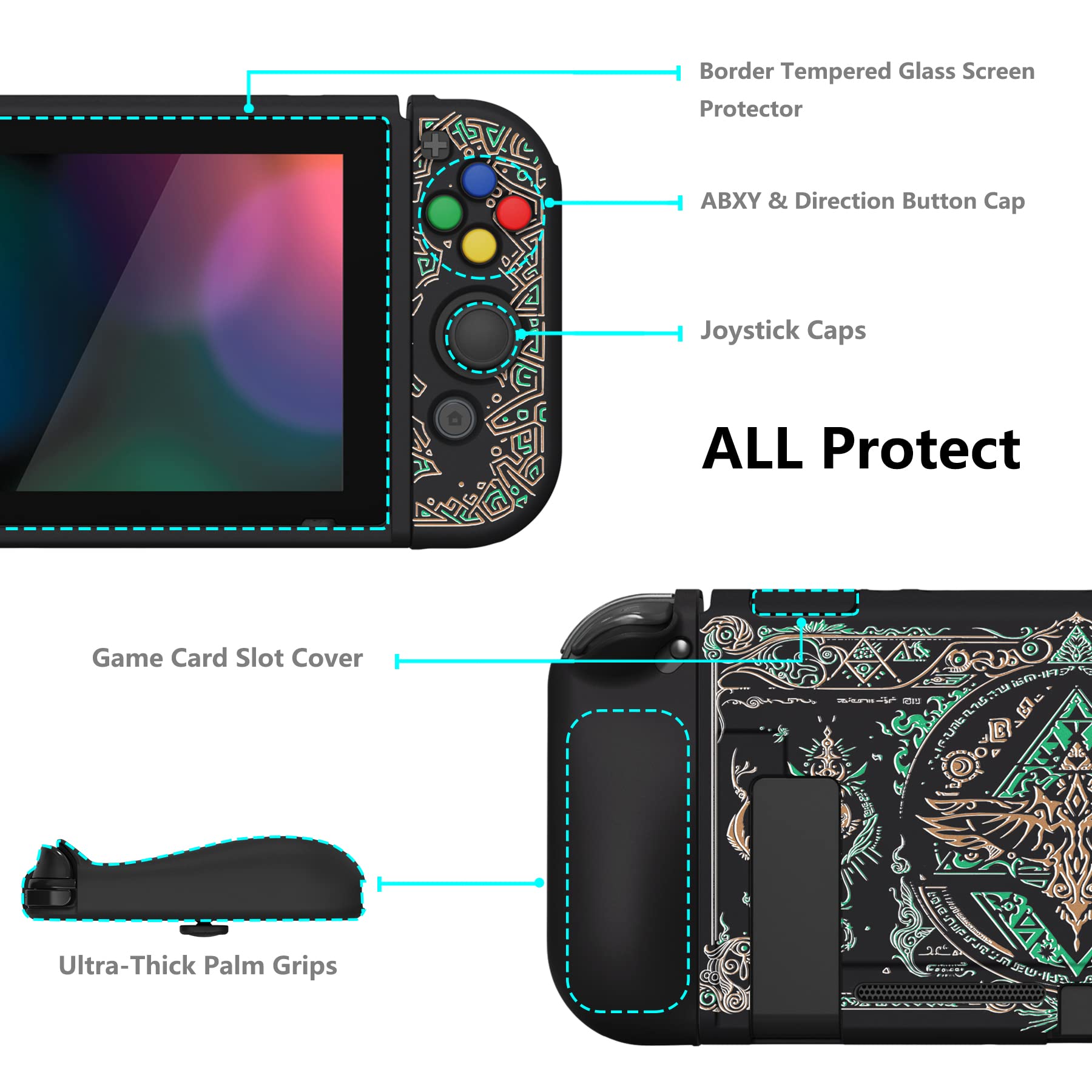 PlayVital ZealProtect Soft Protective Case for Nintendo Switch, Flexible Cover for Switch with Tempered Glass Screen Protector & Thumb Grips & ABXY Direction Button Caps - Totem of Kingdom - 5