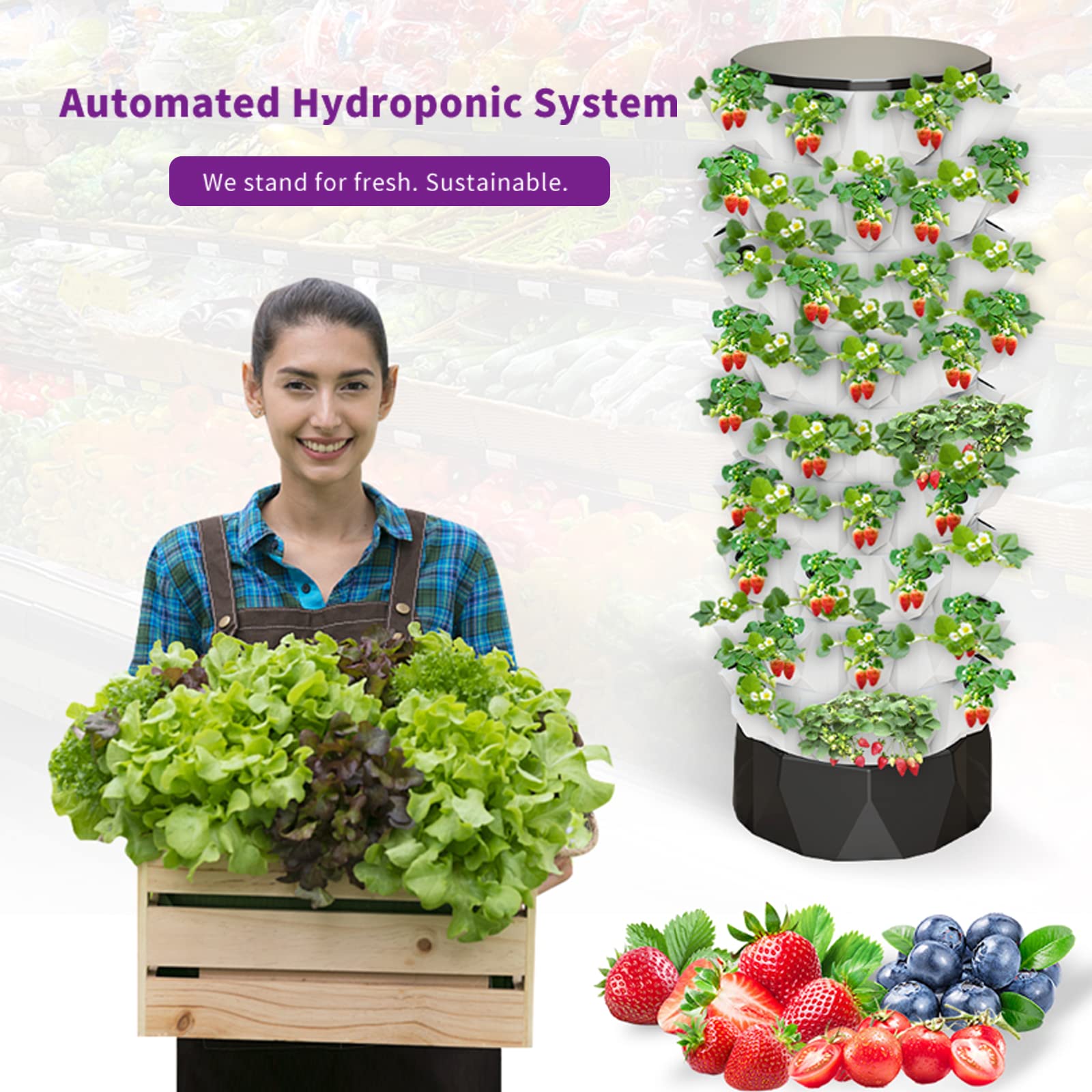 Hydroponiczny system uprawy do ogrodnictwa wewnętrznego, pionowa wieża ogrodowa, sadzarka hydroponiczna z pompą wodną, timer, adapter, grządka do siewu kół i doniczki siatkowe