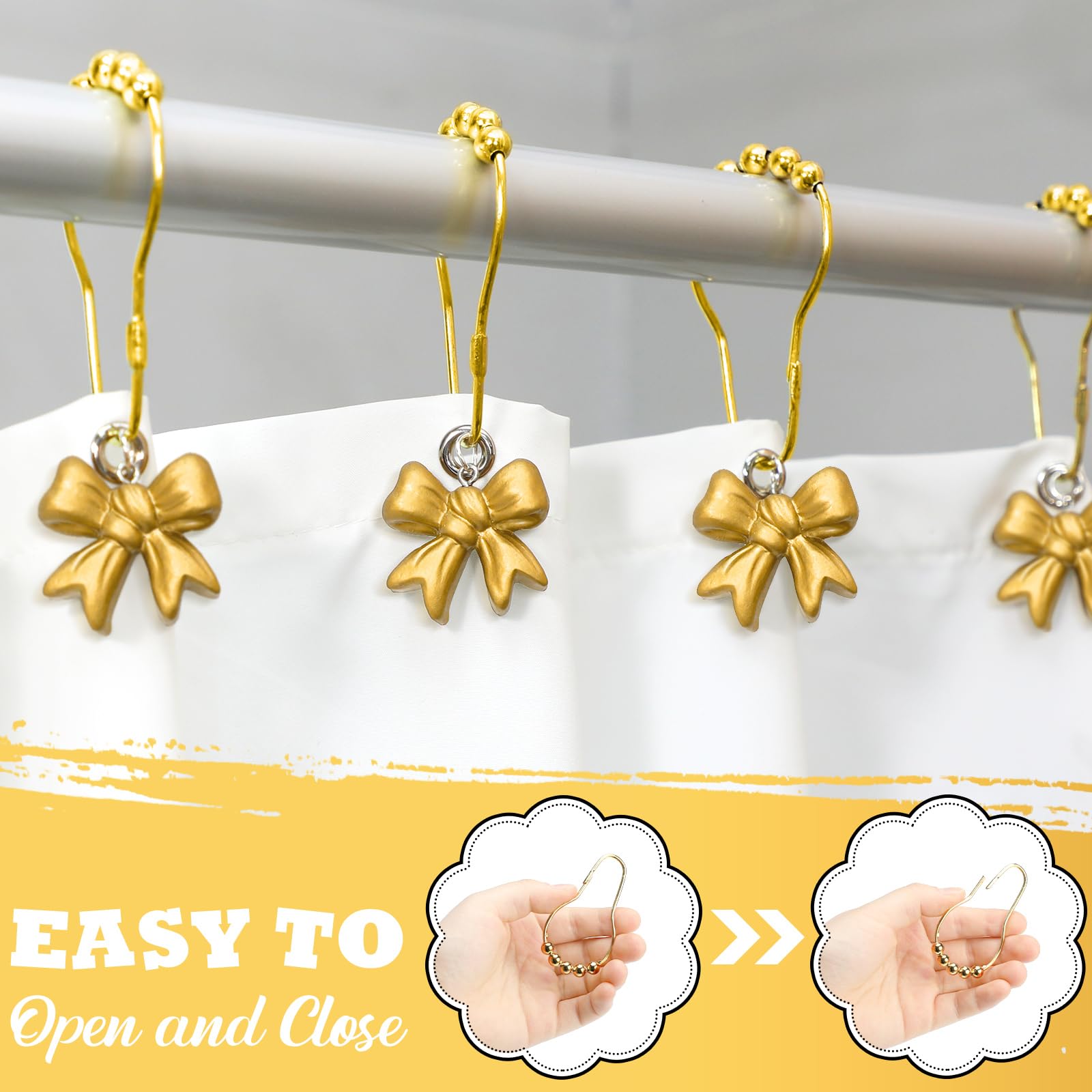 YanKiTour 12 Pack Bow Shower Curtain Hooks - Decorative Rustproof Resin Rings, Gold - Cute Bathroom & Room Decor
