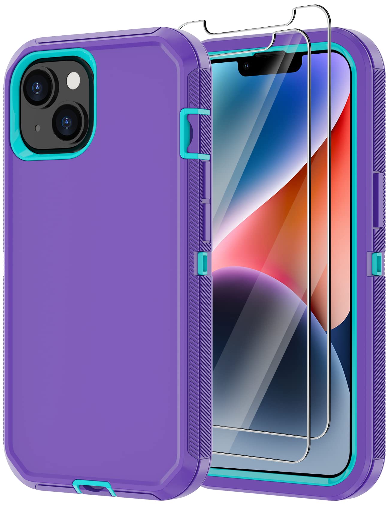 Annymall for iPhone 14 Case with 2 Screen Protector, Heavy Duty Shockproof Dropproof Dust Proof Full Body Rugged 3-Layer Military Tough Durable Protective Cover for Apple iPhone 14 6.1" (Purple/Blue)