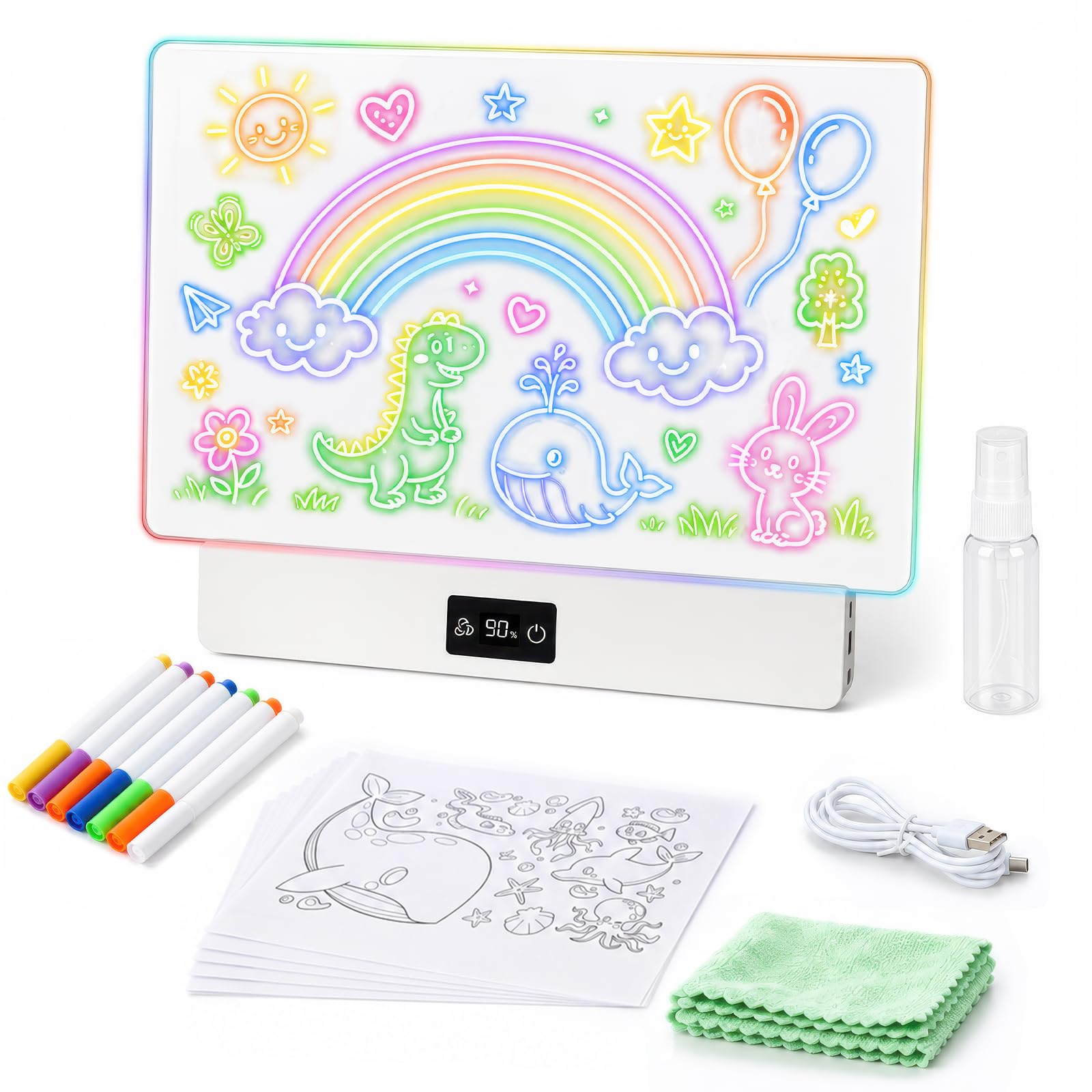OUTON Pizarra LED para Dibujar Niños con 8 Colores y 3 Modos de Luz | Pizarra Luminosa Reutilizable con 7 Rotuladores y Plantillas, Juguete Creativo para Niña y Niño, USB-C