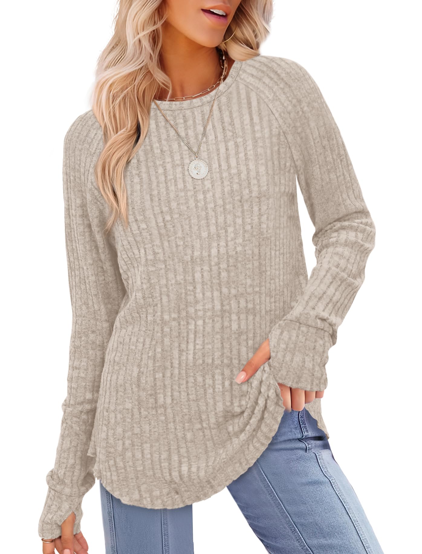 Saloogoe Womens Long Sleeve Top Crewneck Basic Lightweight Fall Shirt with Thumb Hole