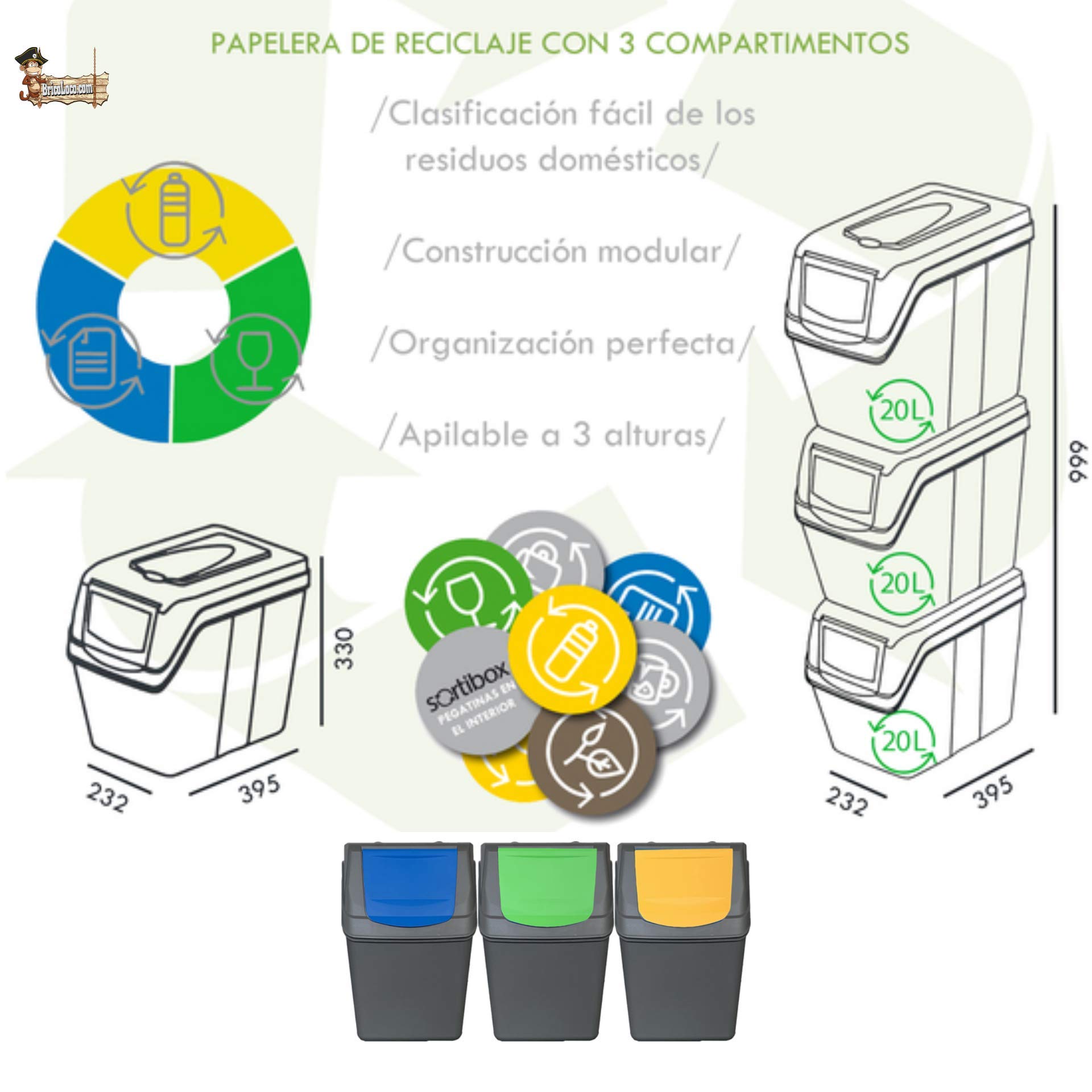 BricoLoco. Cubo basurero Vertical Reciclaje en Color Gris 60 litros. Cubo para Reciclar Papel, Vidrio y plástico.