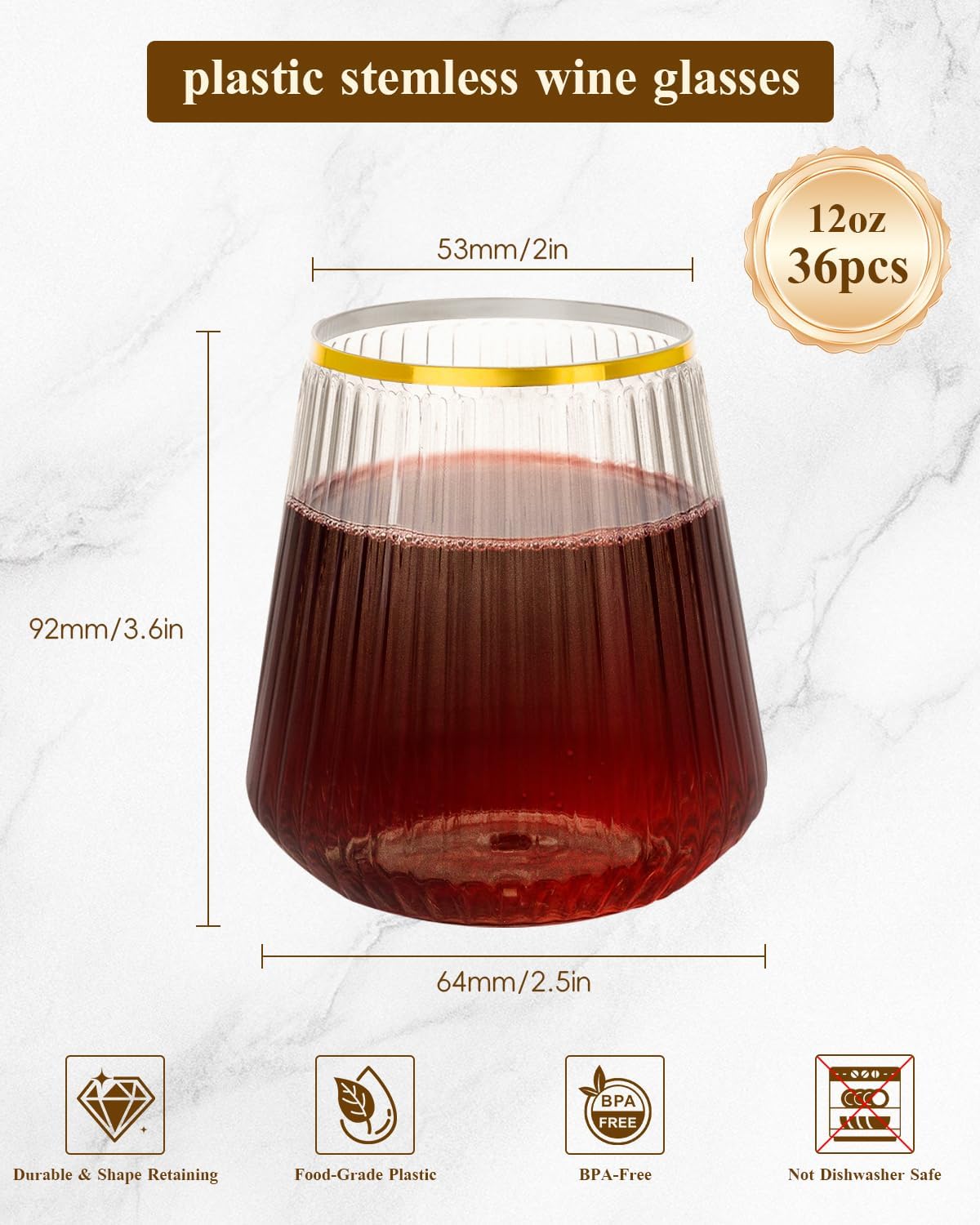 Goodluck 36 Pack 12oz Stemless Plastic Wine Glasses – Clear Ribbed Cups with Gold Rim, Fancy Reusable Disposable Drinkware for Weddings, Parties, Bars, Indoor and Outdoor Events - Image 2