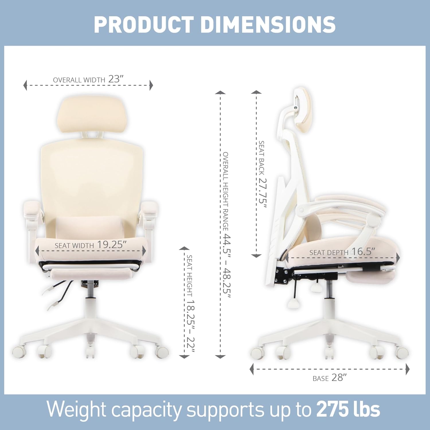 Diagram illustrating the product dimensions of the Realspace Vallori chair, including overall width, seat width, seat height range, overall height range, seat back height, seat depth, and base diameter. It also states a weight capacity of up to 275 lbs.