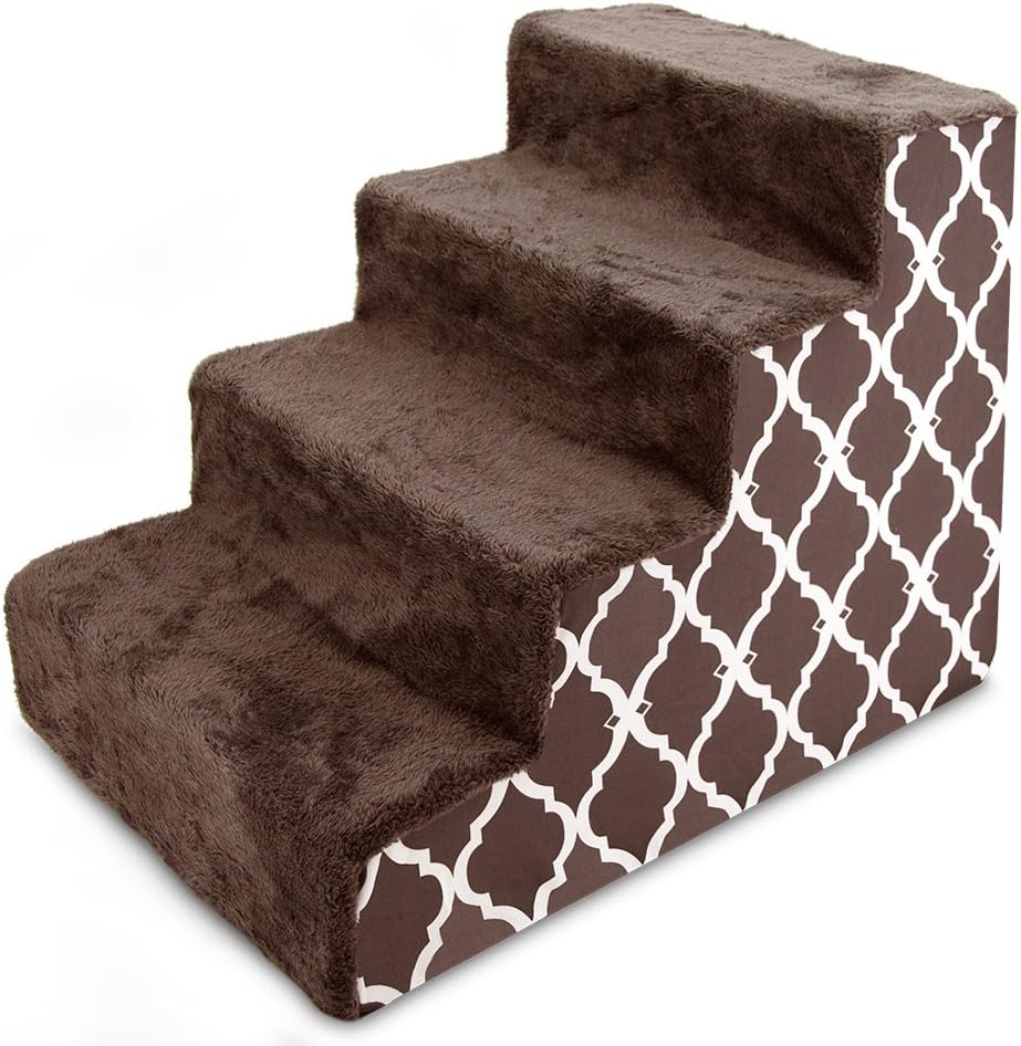 Best Pet Supplies Foam Pet Steps for Small Dogs and Cats, Portable Ramp Stairs for Couch, Sofa, and High Bed Climbing, Non-Slip Balanced Indoor Step Support, Paw Safe - Brown Lattice Print, 4-Step Brown Lattice Print 4-Step (H: 18")