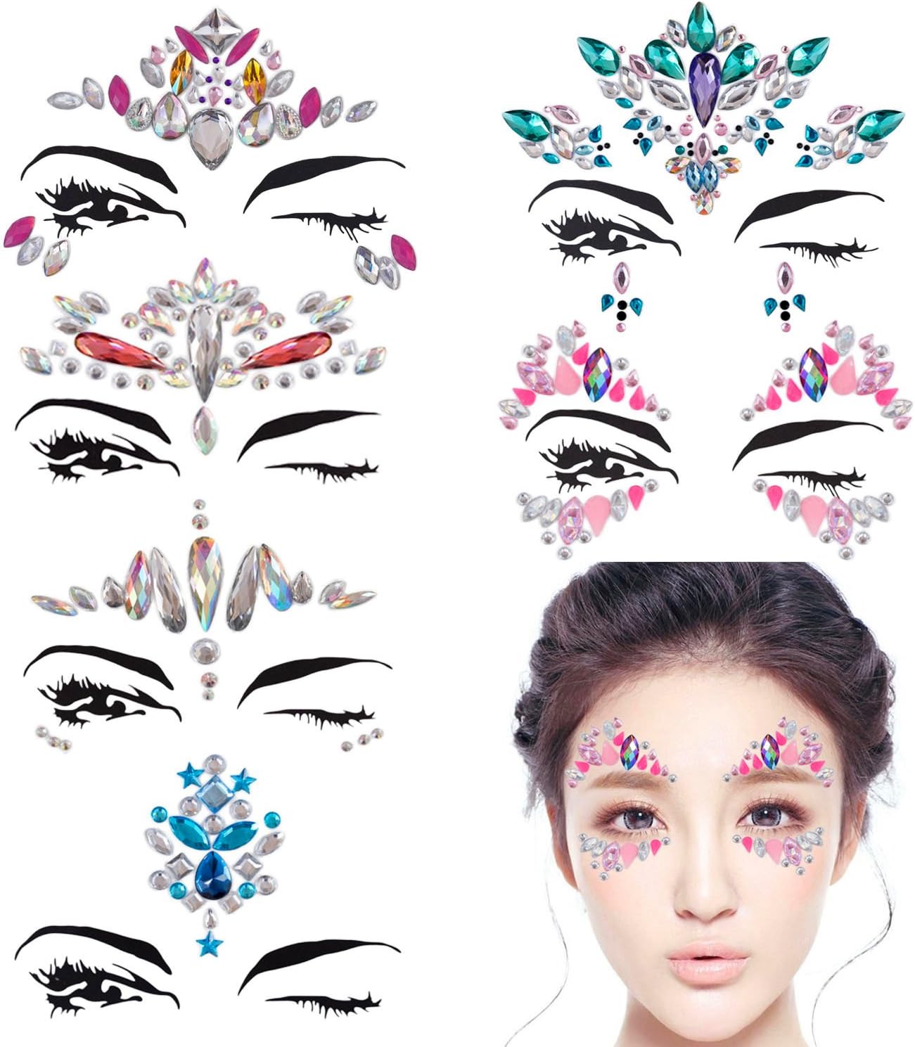 DaLin 6 Sets Mermaid Face Gems Rave Festival Face Jewels Stick On Crystals Bindi Rainbow Tears Rhinestone Temporary Tattoo Stickers Face Rocks (Collection 3)