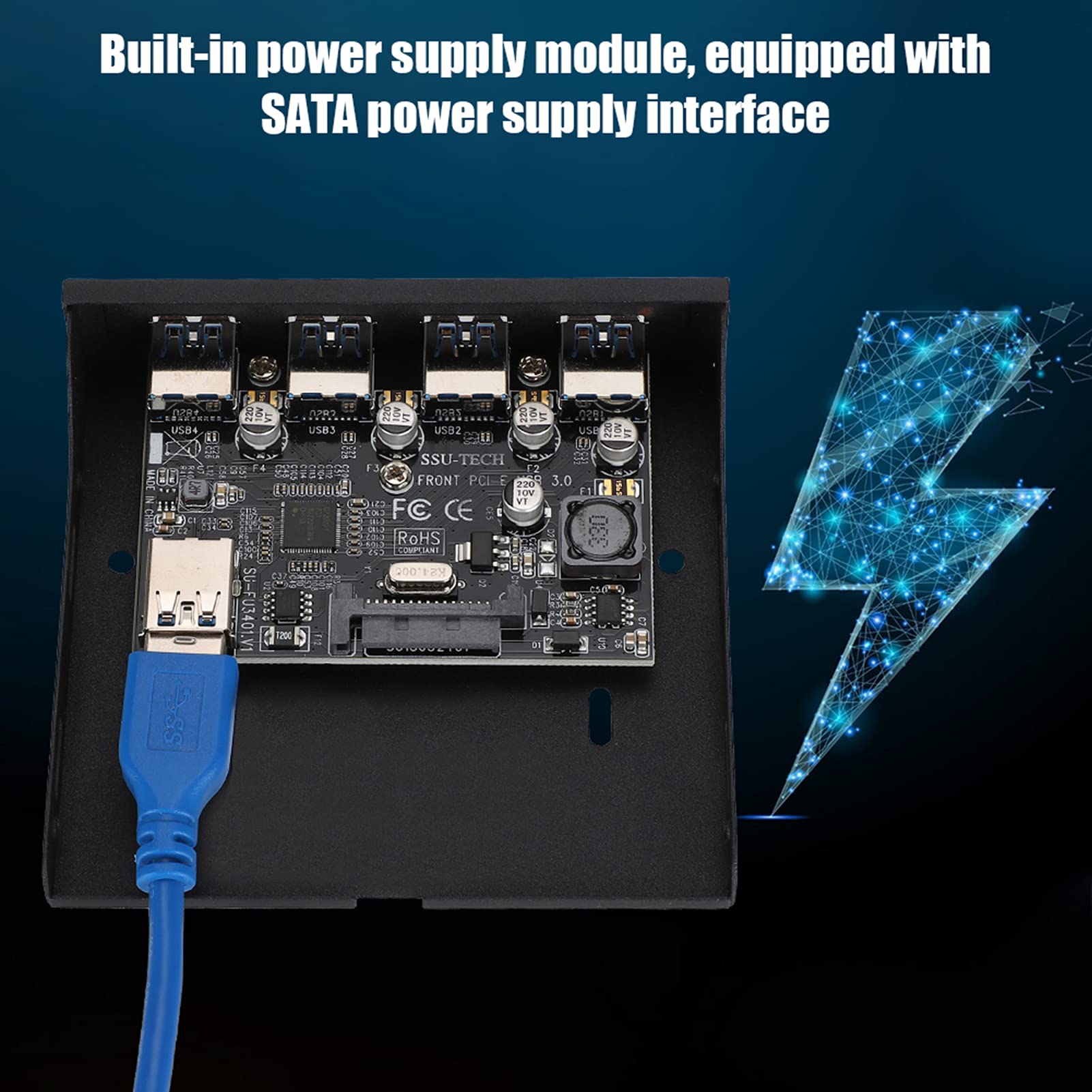 Panel Frontal USB PCI-E a 4xUSB3.0 para Chip Tarjeta de extensión Frontal Adaptador de bahía Flexible Tarjeta Vertical de expansión con Interfaz de alimentación SATA Negro