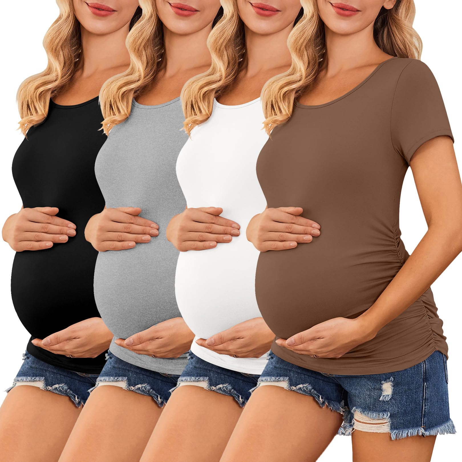 Ekouaer 4 Packs Womens Maternity Shirts Short Sleeve Side Ruched Pregnancy Tee Tops Tunic Blouse Mama Clothes
