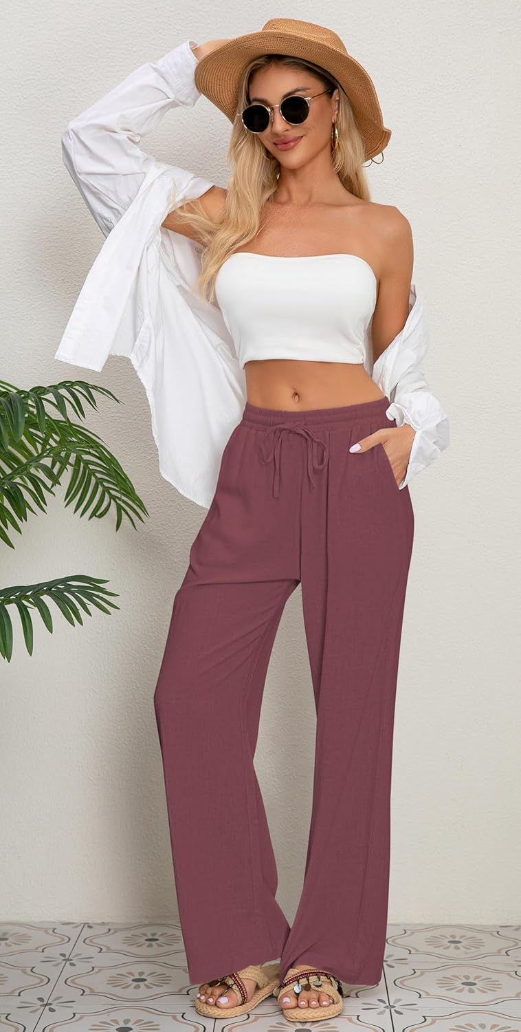 AISEW Women's Cotton Linen Palazzo Pants Drawstring Elastic Waist Casual Wide Leg Long Lounge Trousers with Pockets - Image 5