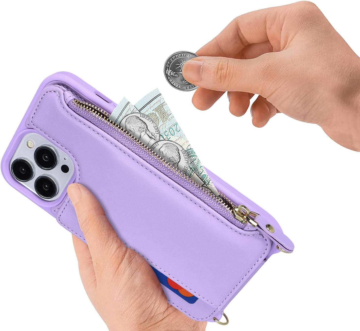for iPhone 15 Pro case with Credit Card Holder Phone Lanyard mag safe for Women, fits iPhone 15 Pro Phone Leather Case with Zipper Wallet Compatible Wallet Case-Purple - Image 3