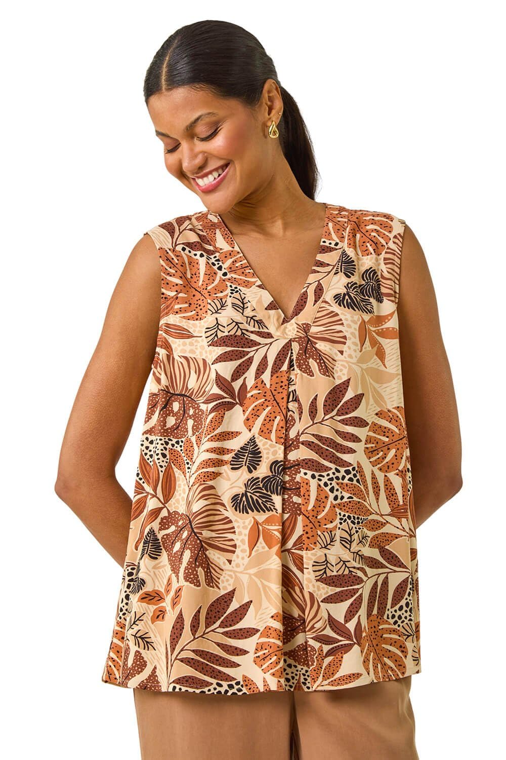 Roman Originals Women's Mocha Pleated Vest Tank Top Sleeveless Blouse Shirt Tunic Summer Autumn Holiday V-Neck Work Office Cocktail Party Special Occassion Going Out - Size 14