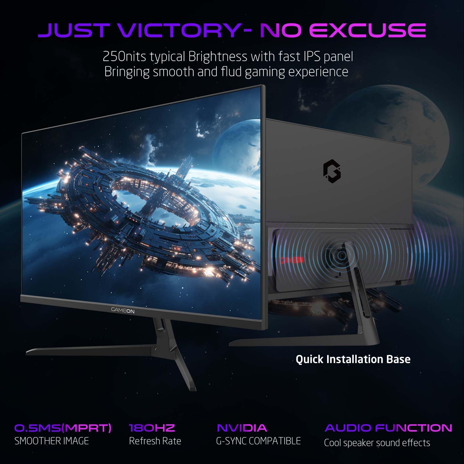 GAMEON 24 Inch 2K QHD Gaming Monitor Fast IPS 2560x1440 Display 180Hz Smooth Performance 0.5ms Adaptive Sync HDMI 2.1 Ideal for PC Console Gaming and Daily Use — view 3