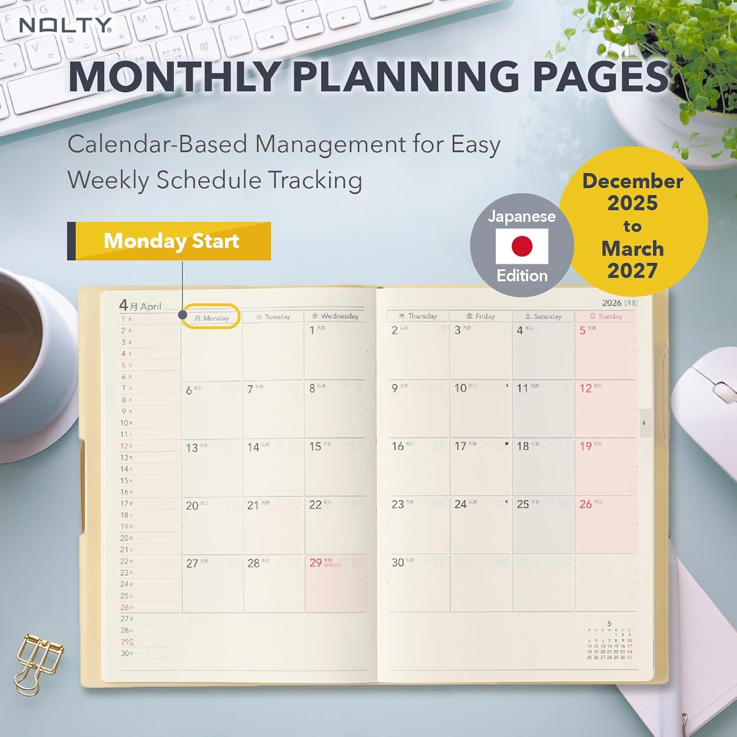 NOLTY Ecri Plus B6-8 Weekly Planner 2026, January Start, Japanese Edition, Powder Yellow, 2026-2316