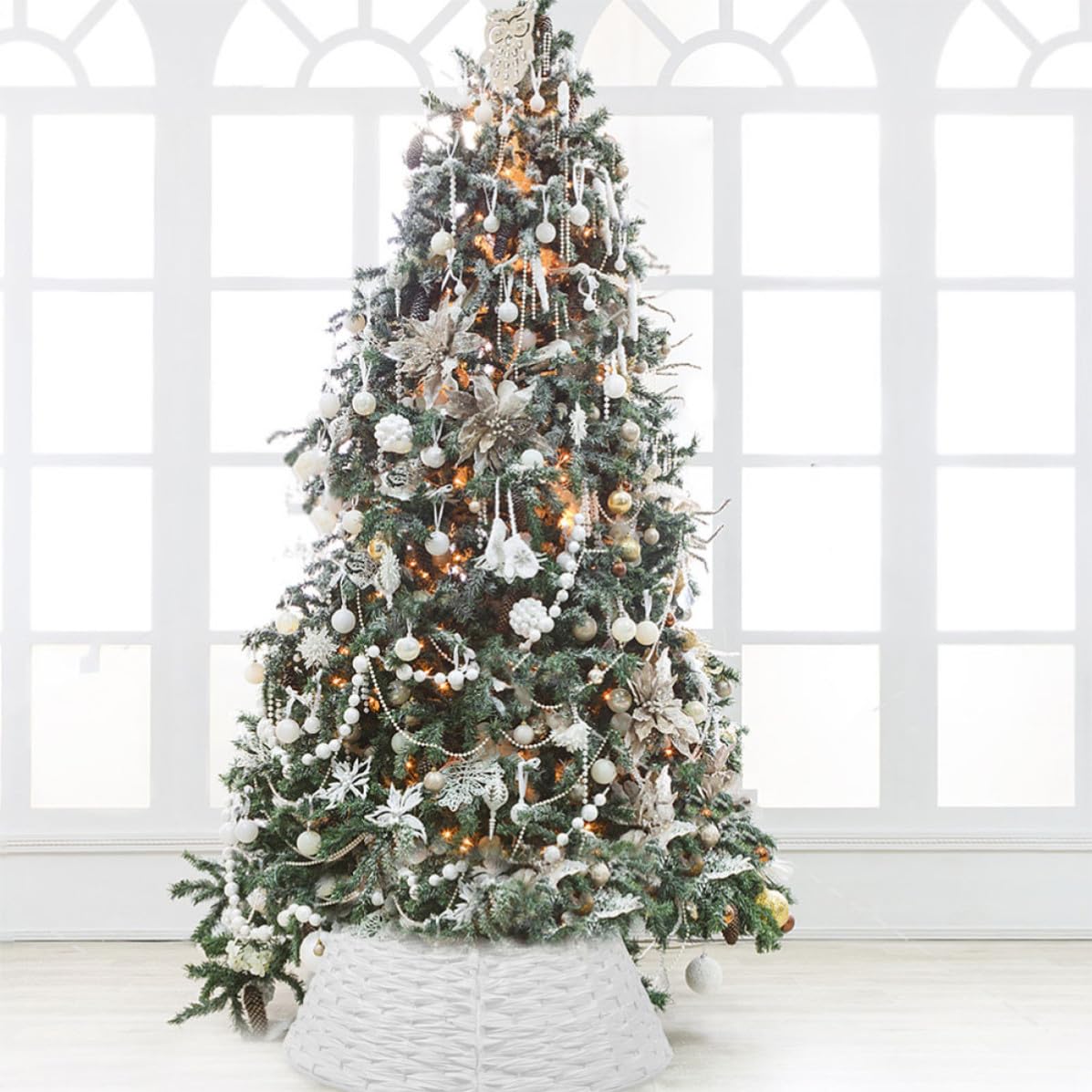 FRCOLOR Cesto Base Albero Natale Intrecciato, Bianco, Plastica,