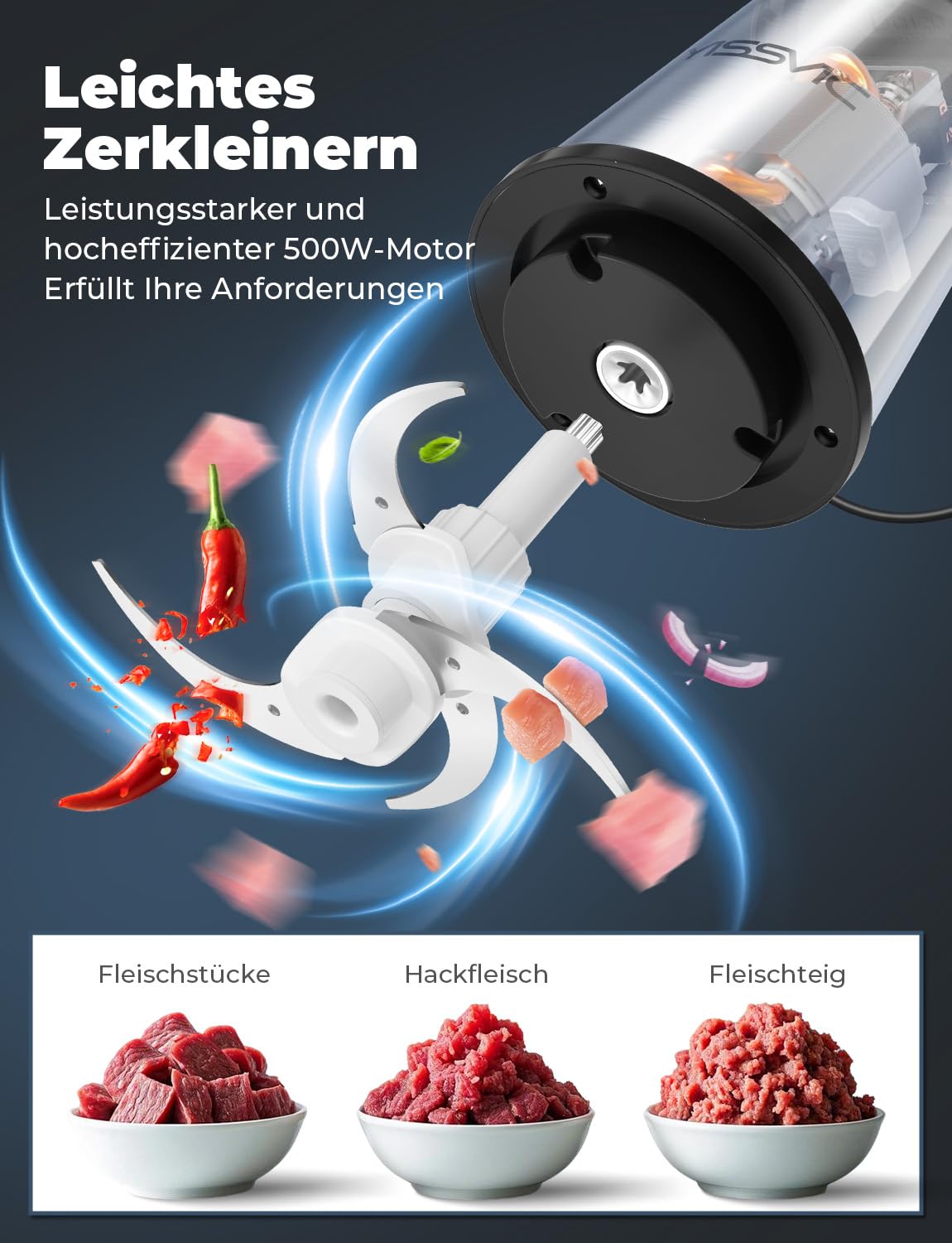 YISSVIC Elektrischer Zerkleinerer für Küche, 4L gesamt mit Glas und Edelstahl-schüssel, multizerkleinerer elektrisch Doppelschüssel mit 8 Klingen 2 Geschwindigkeit für Obst Gemüse Fleisch