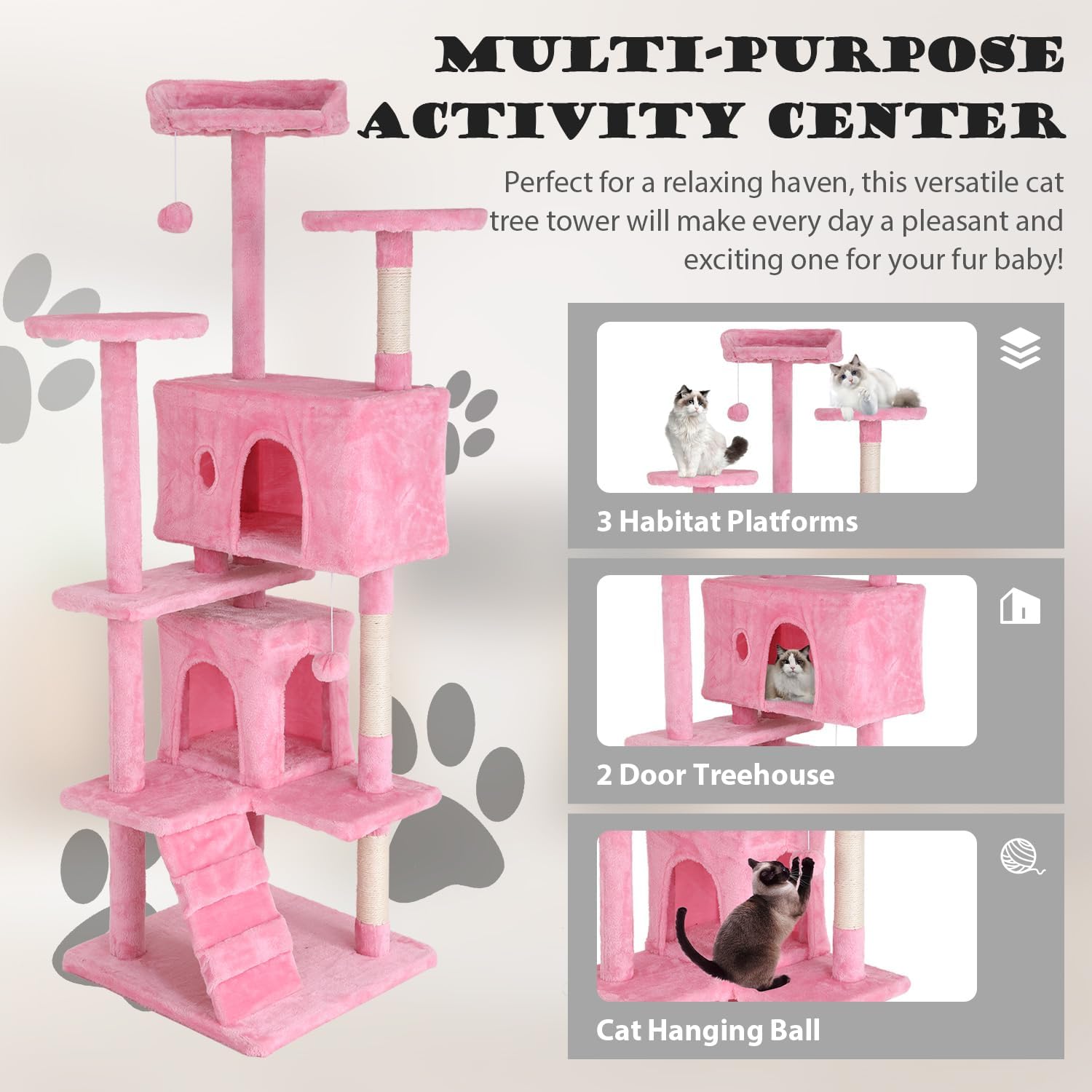 Heavy Duty Cat Tree Tower, 70" Tall Cat Tower for Indoor Cats with Cat Scratching Post with Bed, Cat Condo, Hanging Ball, Multi-Level Cat Climbing Tower Cat Trees Furniture Activity Center, Pink