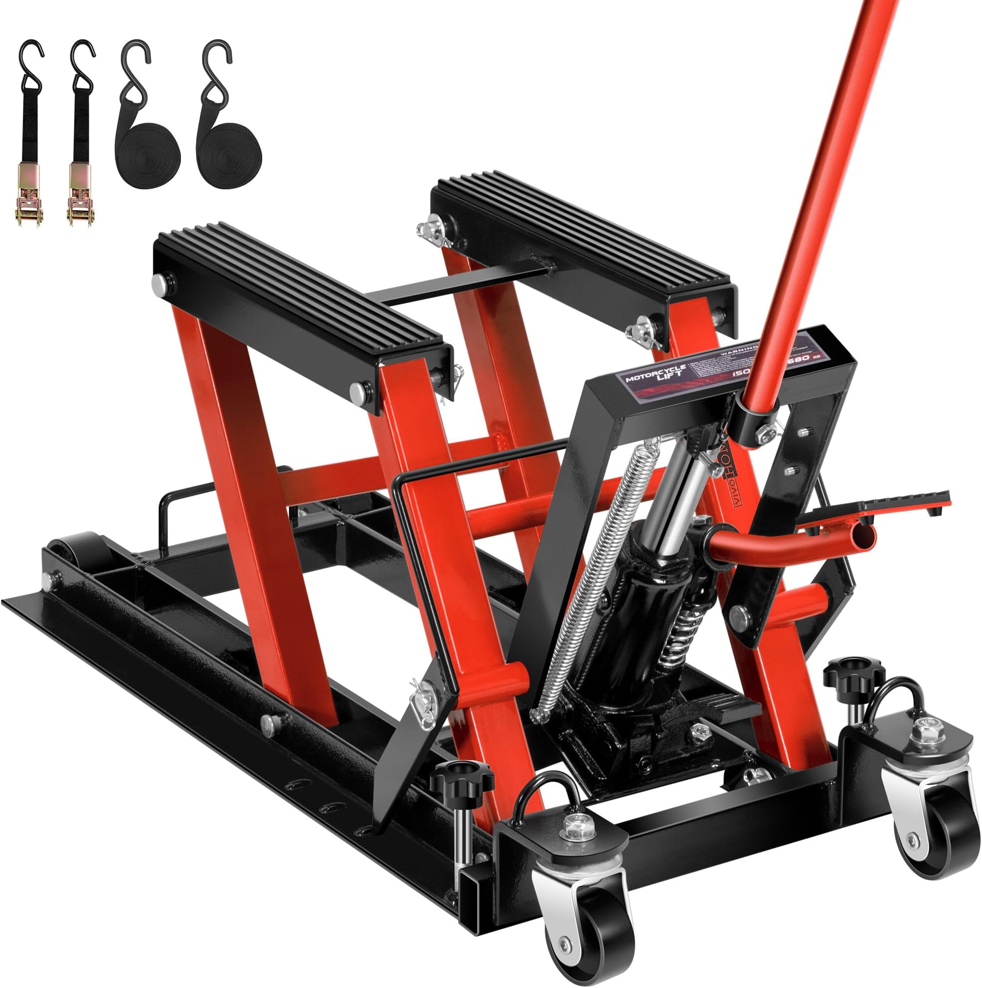VIVOHOME 1500 LBS Hydraulic Motorcycle Lift Jack, Heavy-Duty Steel ATV Lift Stand with Wheels & Handle, for Motorcycles, Dirt Bikes, ATVs (Red)