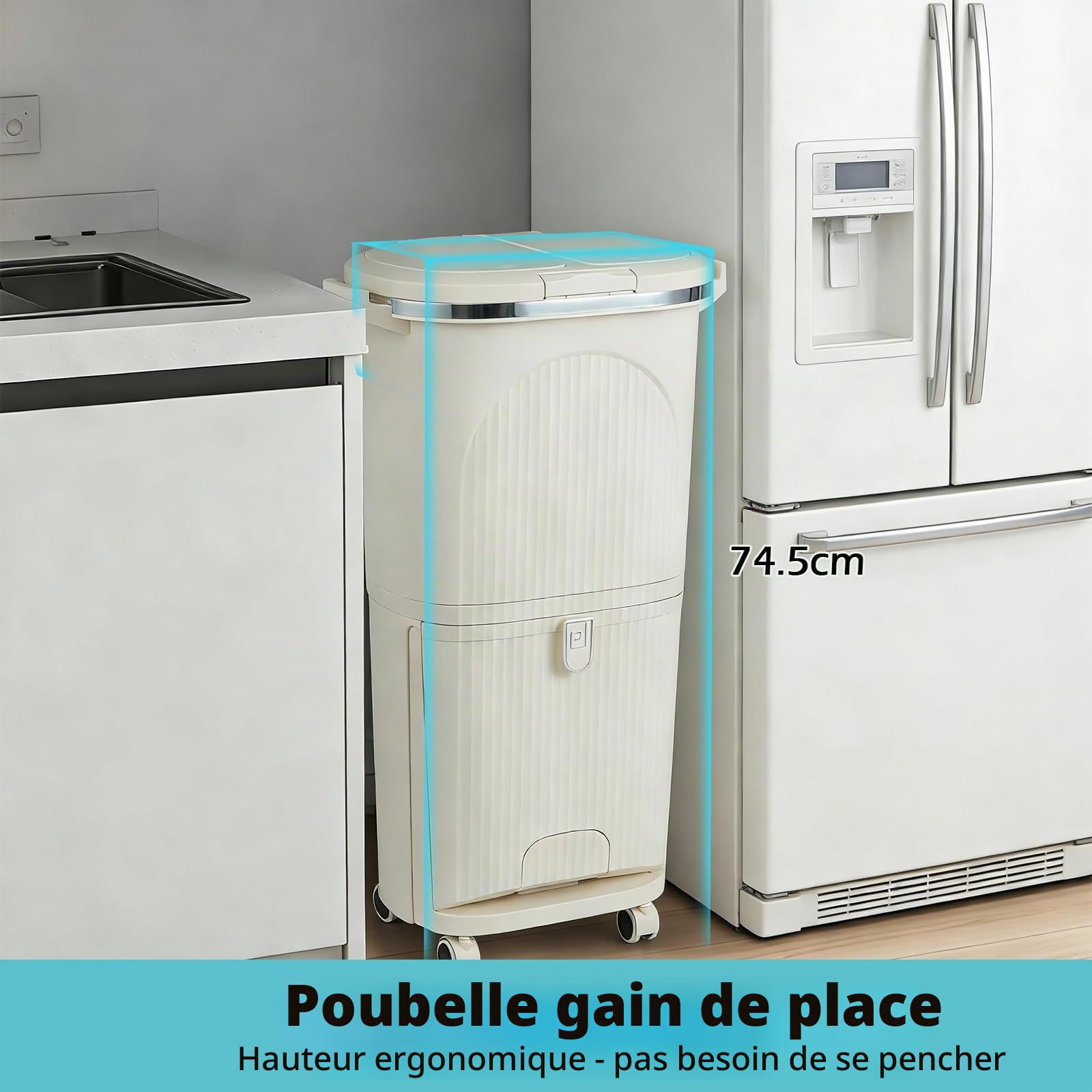 LIFEZEAL Poubelle de Cuisine avec Couvercle, Poubelle de Tri avec 2 Seaux Amovibles et Tiroir, Bac à Tri avec Pédale et Roulettes pour Salon, Cuisine (Beige, 38L|2 couvercle, 2 niveaux)