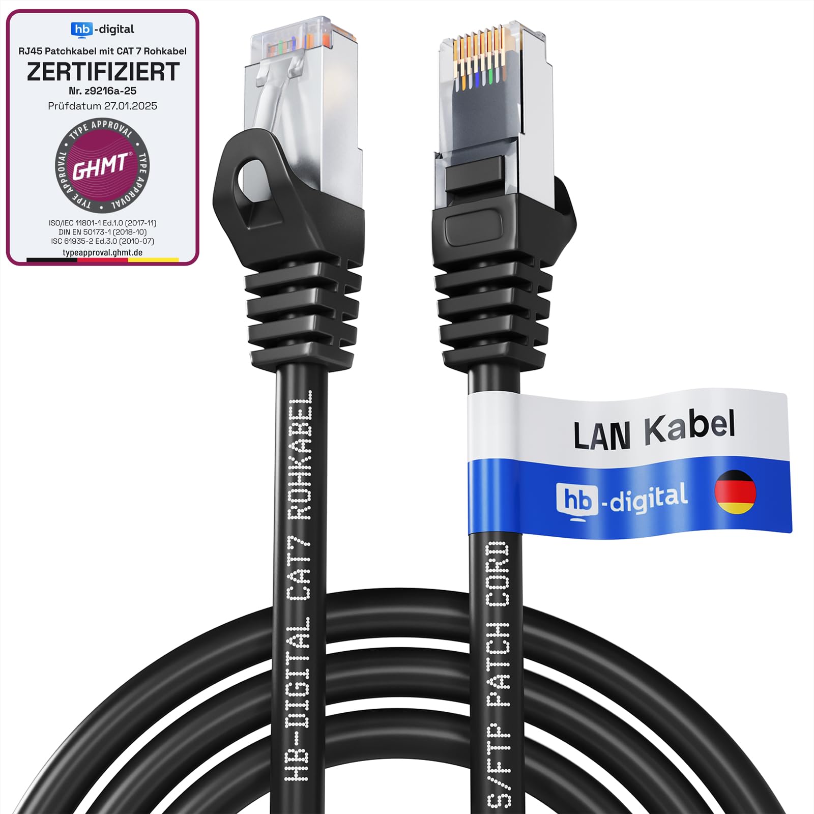 HB-DIGITAL 2m LAN Kabel RJ45 Patchkabel mit CAT 7 Rohkabel S/FTP - GHMT zertifiziert - 10 Gigabit Ethernet Netzwerkkabel Kupfer Profi PiMF für Patchpanel Switch PC Router - Schwarz