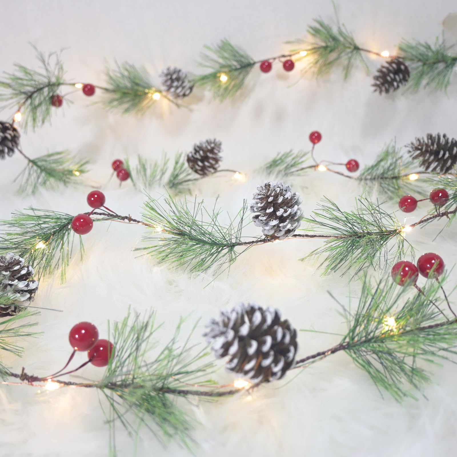 Pre-lit Christmas Garland with Lights 6.56FT Smokey Pine Garlands Wreath 20 LED Warm Lights Battery Operated with Timer Pine Cones Garland Decor for Christmas Tree Home Mantle Stairs Door Decorations