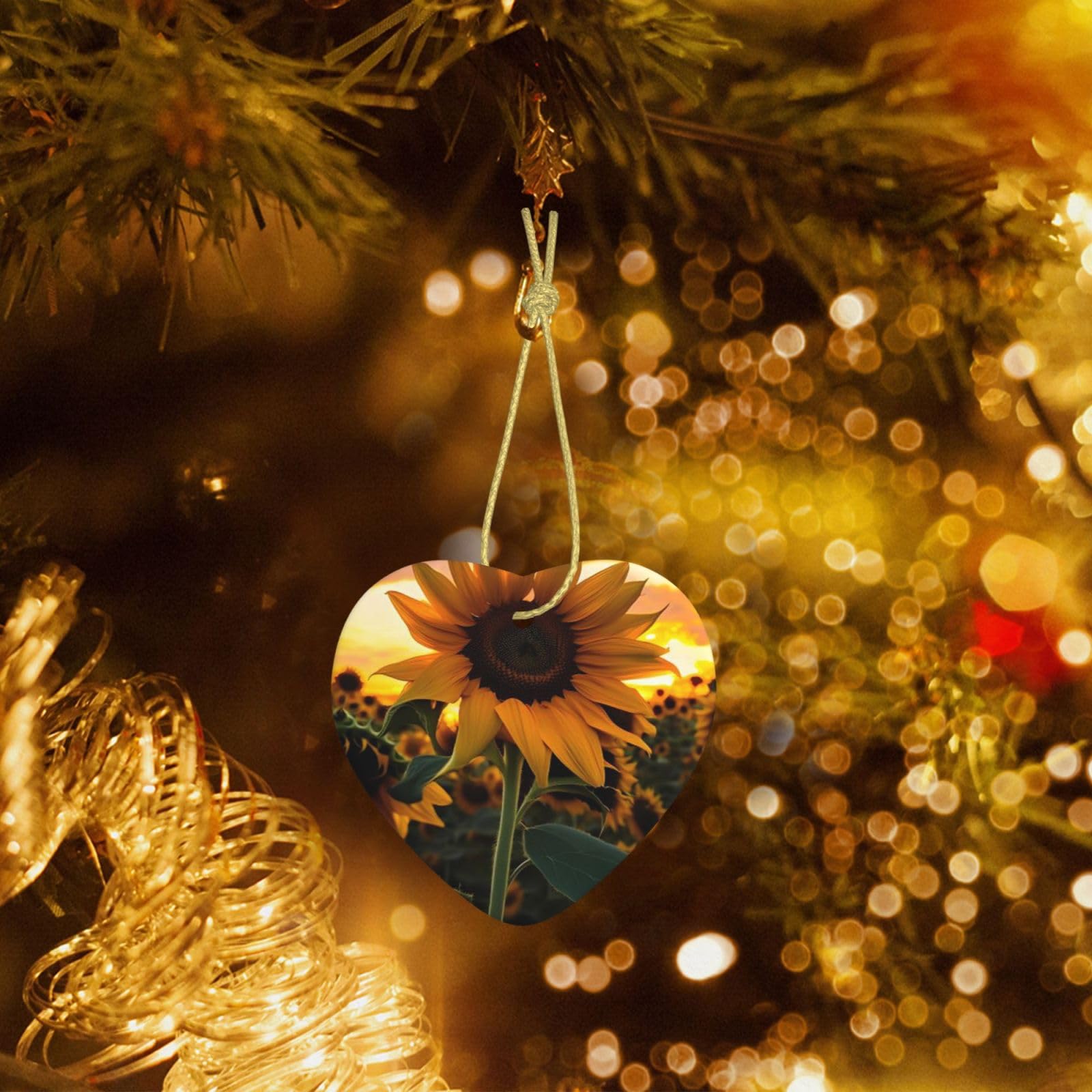 Christmas Heart Shaped Ornaments 1 Pcs, Double-Side Ceramic Xmas Tree Hanging Ornament with Gold String Farm Sunflower Personalized Porcelain 2025 Christmas Pendent for New Year Holiday Decoration