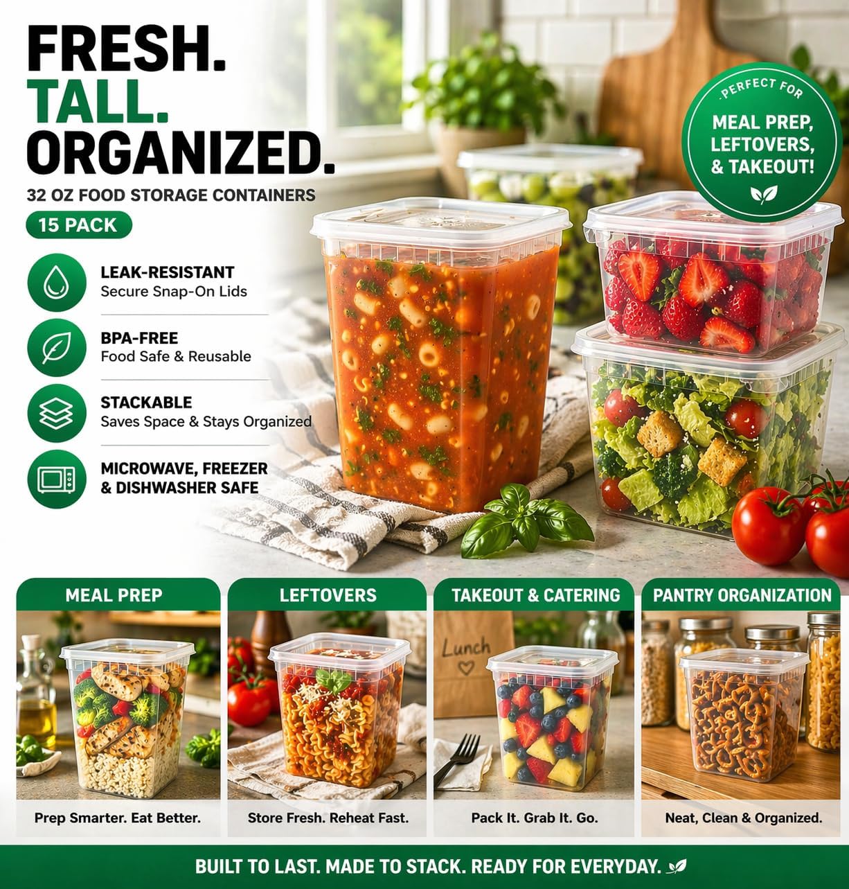 32 oz Square Deli Containers with Lids (15 Pack) – Sturdy Leak-Resistant Food Storage for Soup, Meal Prep & Takeout – BPA-Free, Stackable Clear Plastic – Microwave, Freezer & Dishwasher Safe