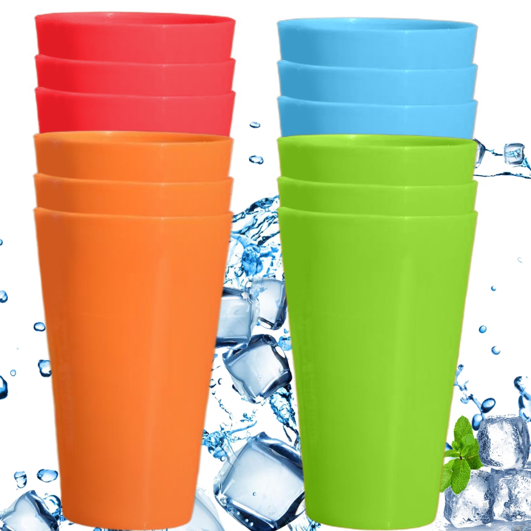 Muzrunq Large Plastic Cups 450ML/15oz Unbreakable Plastic Tumbler Cups, 12PCS Dishwasher Safe Large Tumbler, Multicolor Big Plastic Beverage Cups