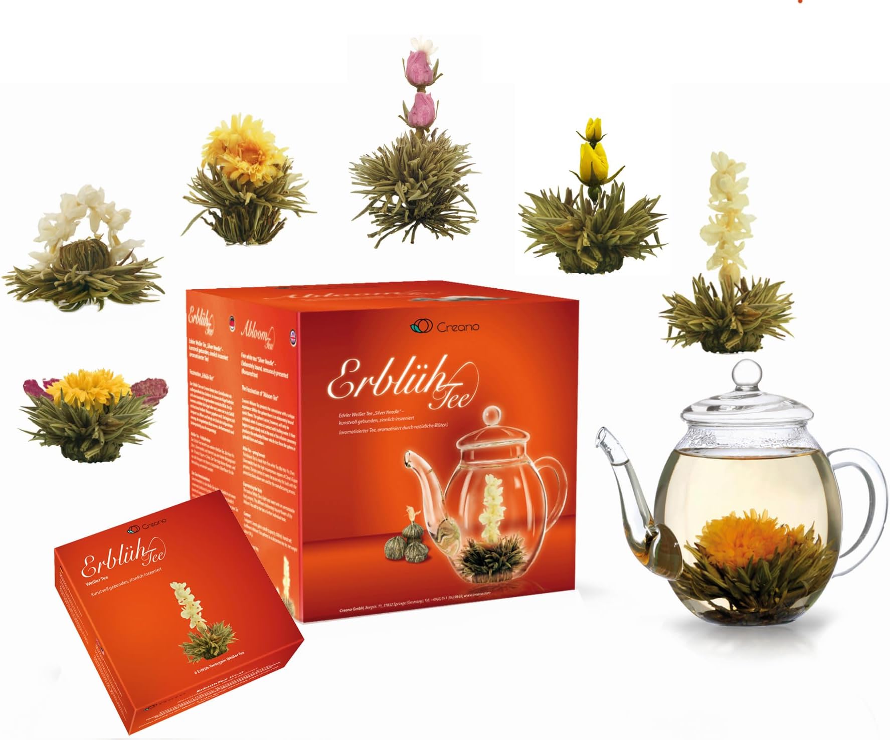 CreanoWhite Tea Flower Mix – 6 Varieties of Erblühtee + Glass Jar 500 ml – Ideal for Floral Tea and Elegant Infusion