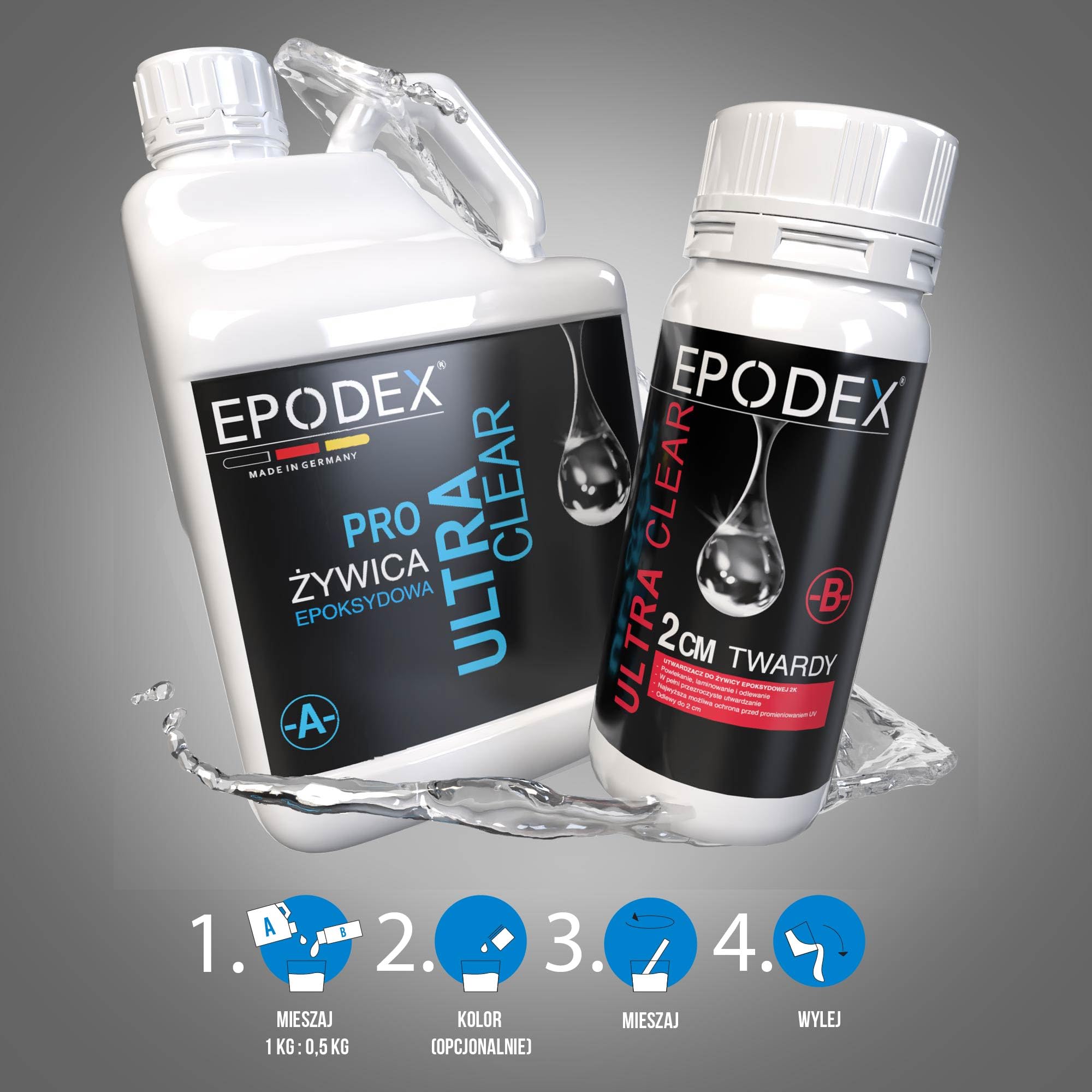 EPODEX Żywica epoksydowa PRO, do 2 cm - CLEAR - Transparent, 1,5kg | Krystalicznie przezroczysta żywica epoksydowa, zestaw do odlewania, sztuka żywiczna, doming, biżuteria, formy i odlewy
