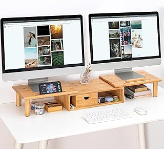 ROCDEER Bamboo Dual Monitor Shelf for 2 Monitors, Monitor Stand Riser, Underneath Storage for Desk Office Supplies, and Supports for Computer Monitor, Heavy TV Riser up to 130 lbs, Natural