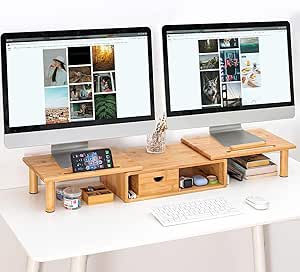 ROCDEER Bamboo Dual Monitor Shelf for 2 Monitors, Monitor Stand Riser ...