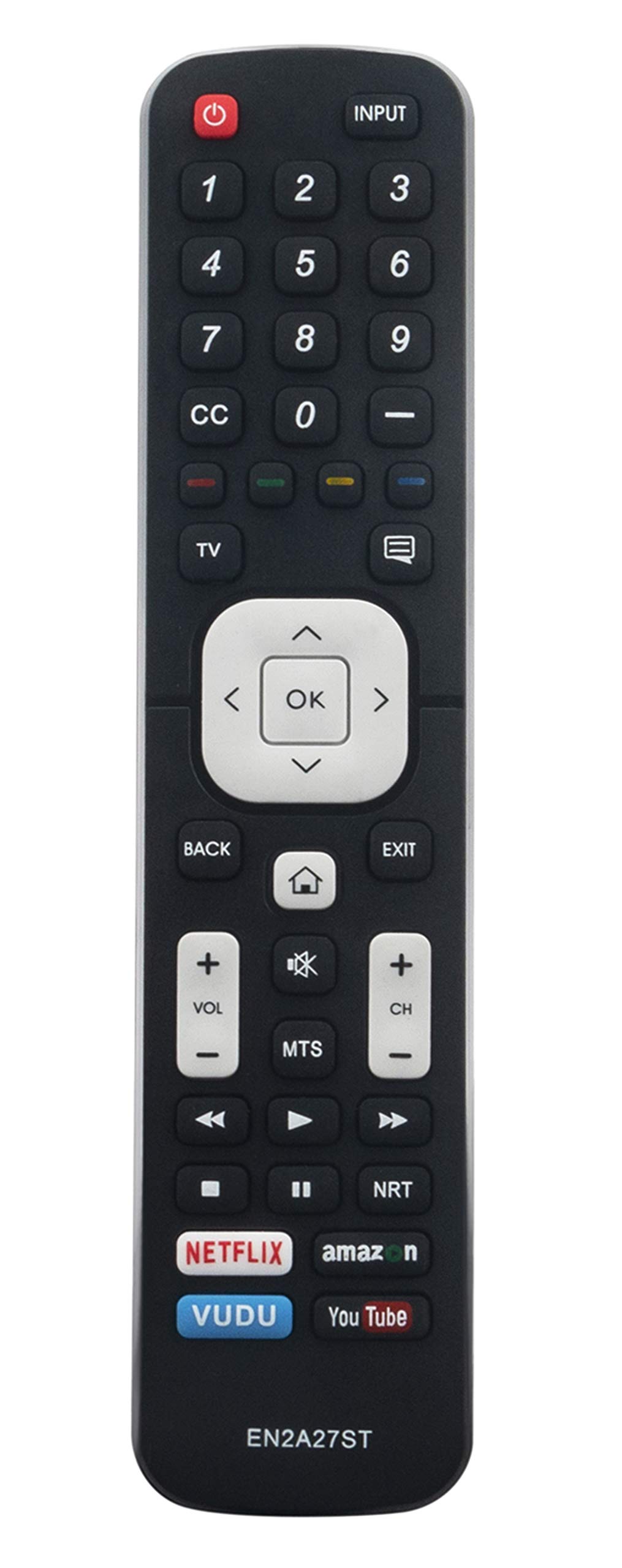 Hand holding the VINABTY EN2A27ST remote control, pointing towards a television and soundbar setup.