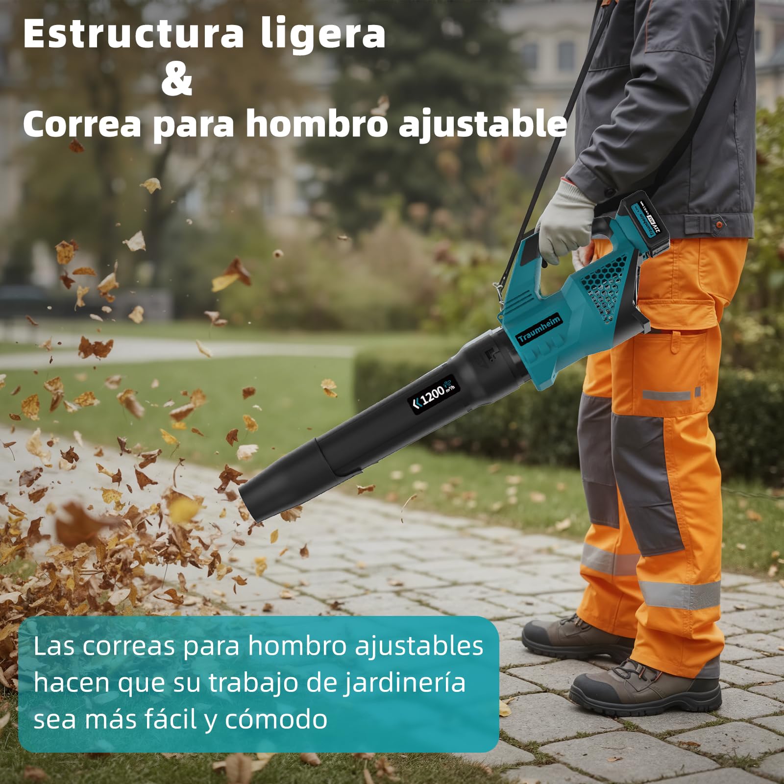 Soplador de Hojas a Batería, Inalámbrico, 3 Velocidades, 1200 m³/h, con 2 Baterías de 4,0Ah/21V, para Jardín, Hojas, Polvo y Nieve