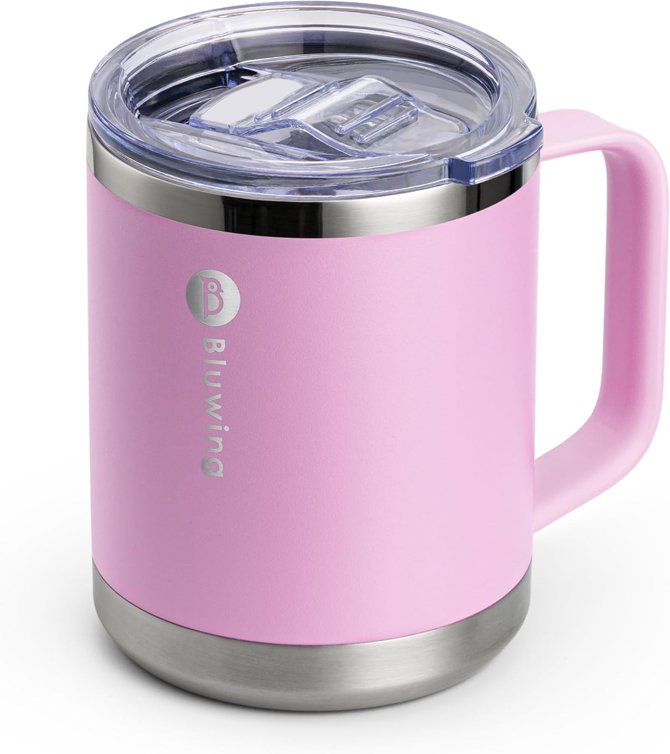 Bluwing Insulated Coffee Mug with Lid, 12 oz Travel Coffee mug with handle Double Wall Stainless Steel Travel Tumbler Cup, Spill Proof (Purple Pink)