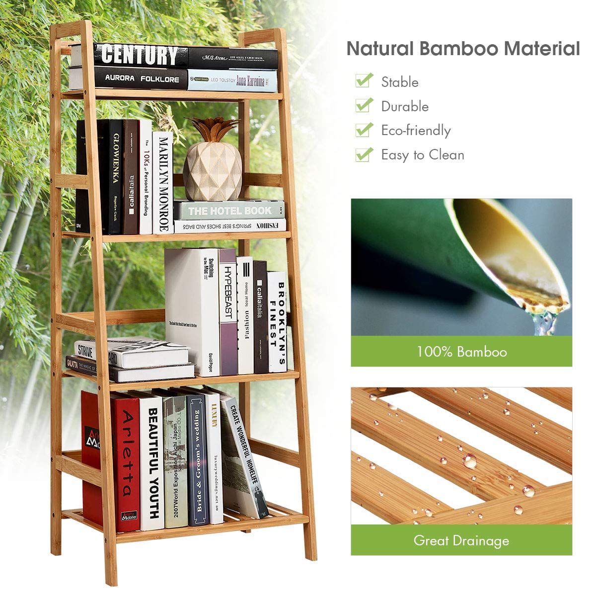 RELAX4LIFE Scaffale Porta Piante in Bambù, Supporto per Piante a 4 Strati, Espositore Impermeabile Multiuso per Giardino/Terrazza/Balcone (Naturale,48x32x115cm)