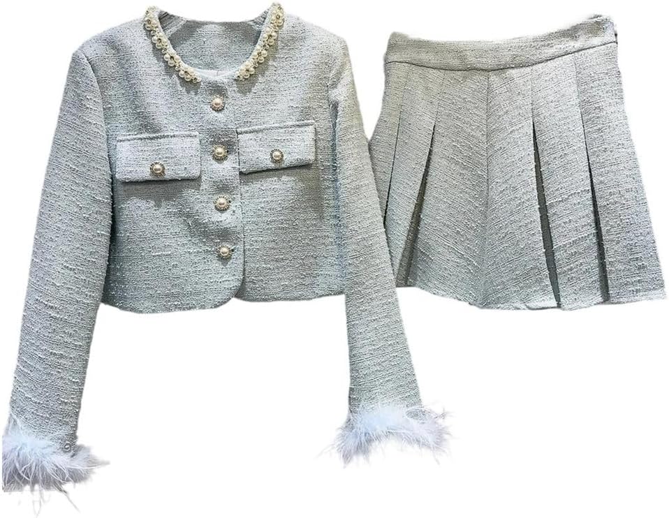 Women's Winter Elegant 2 Piece Set Feather Sleeve Tweed Jacket with Short Pleated Skirt Chic Outfit