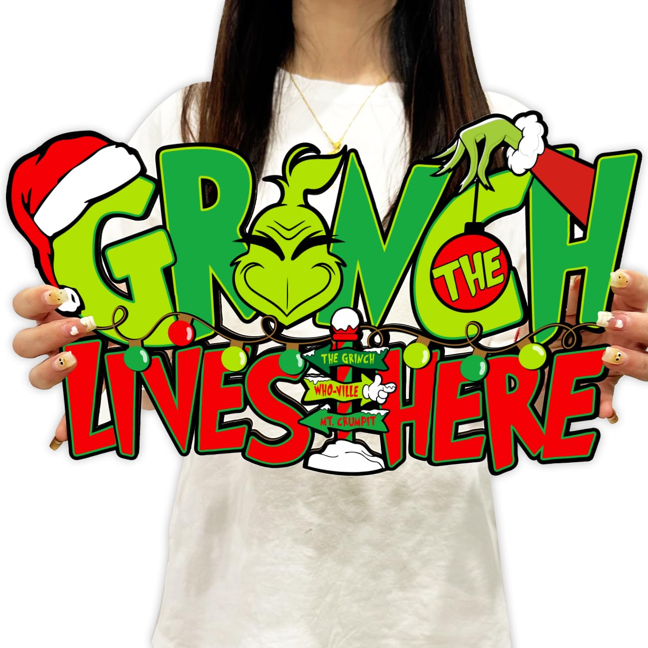 Christmas Decorations Wooden Hanging Sign GrinchLivesHere Door Sign