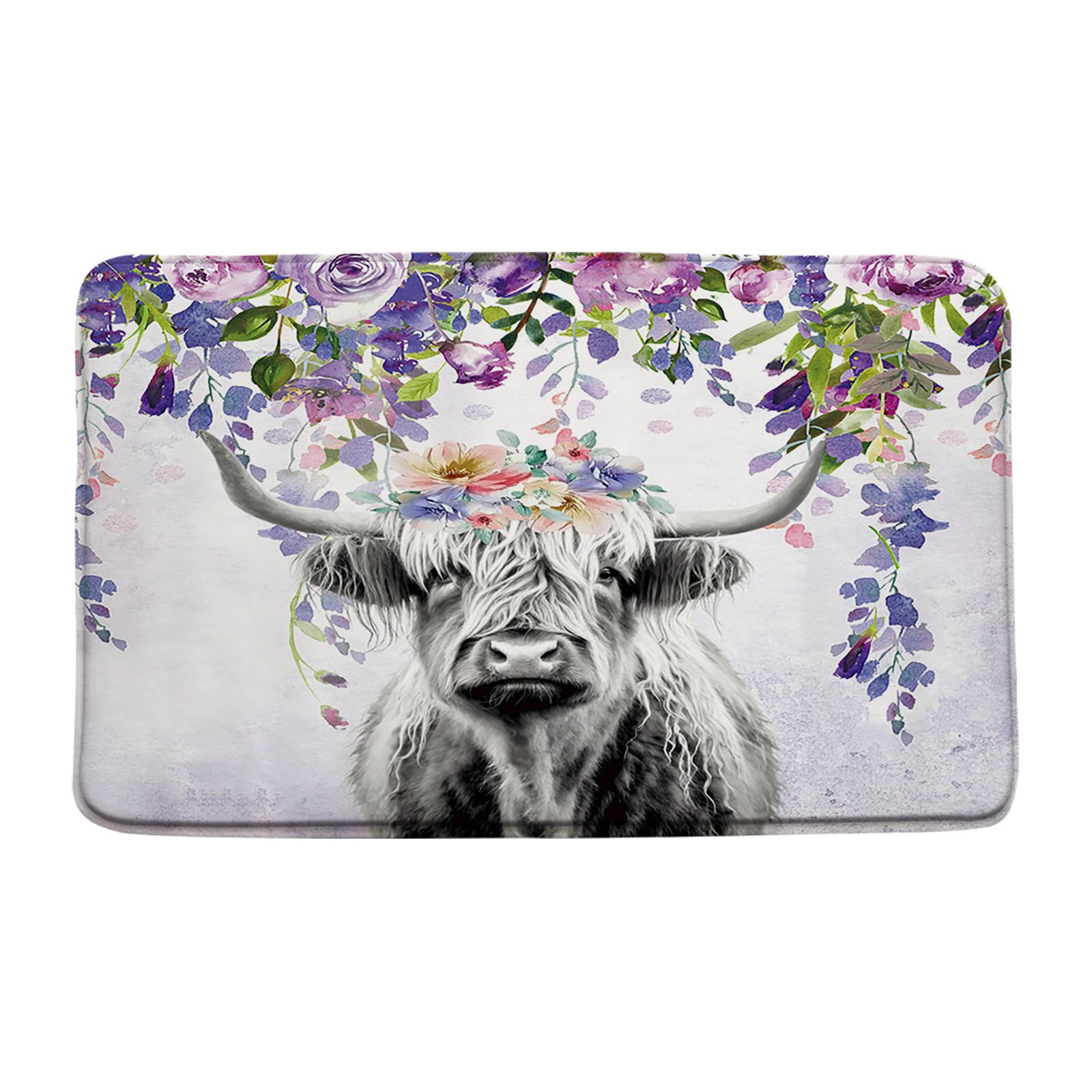 Sunhe Farmhouse Highland Cow Bath Mat Western Farm Animal Purple Watercolor Floral Longhorn Bull Rustic 16
