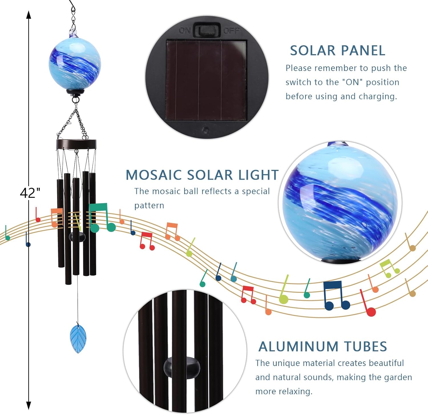 Taman Solar Wind Chime - 35" Glass Solar Lights Wind Chimes Valentine's Day Gift for Outside Deep Tone Decorative Memorial Gift for Home, Outdoor, Yard, Patio, Balcony, Garden Decor - Image 4