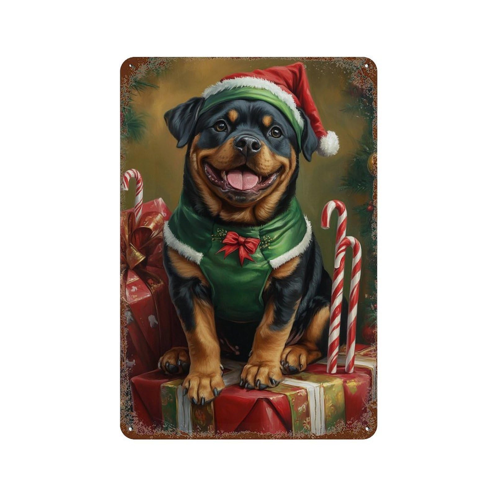 Christmas Rottweiler with Presents Vintage Rust Metal Sign 11.8"x7.9", Shabby Chic Decor for Living Room, Hallway And Home Decor