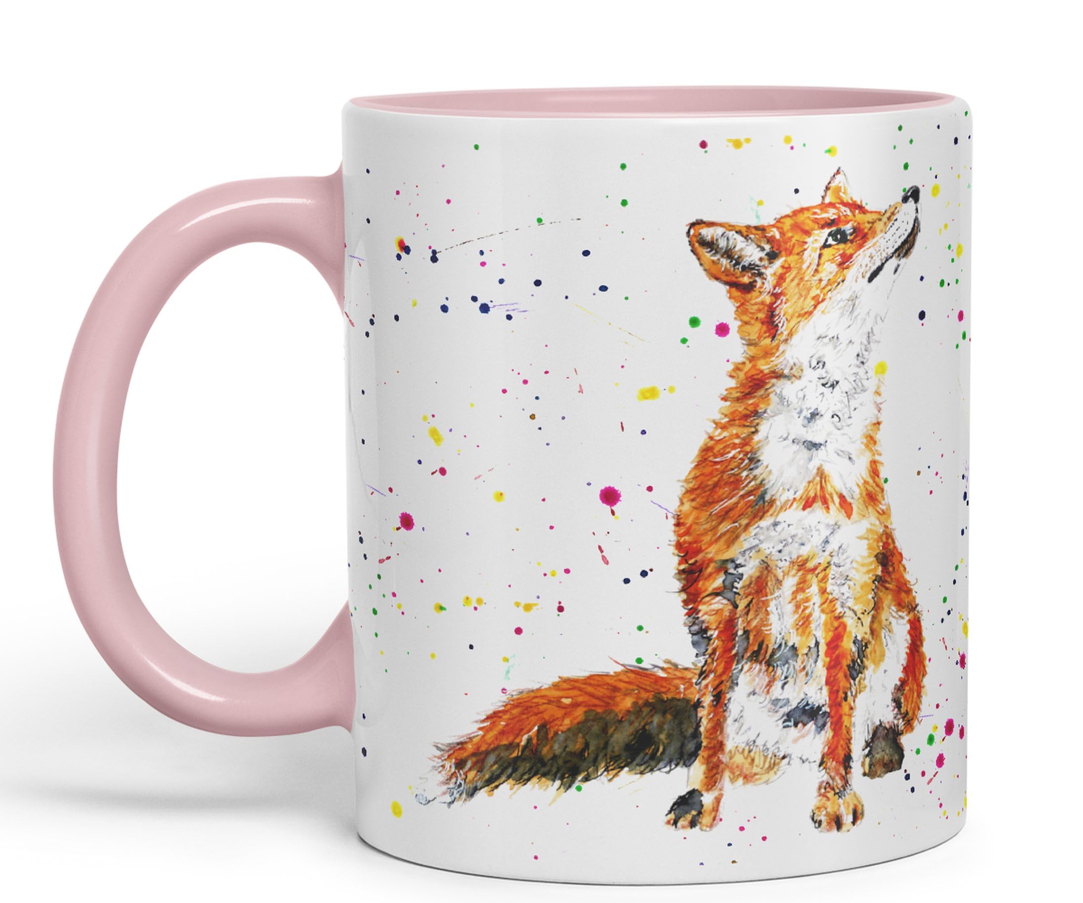 Vixar Tazza colorata con disegno dipinto a mano, motivo: volpe della fauna selvatica britannica, idea regalo per compleanno, lavoro, ufficio, Natale, tè, caffè (rosa