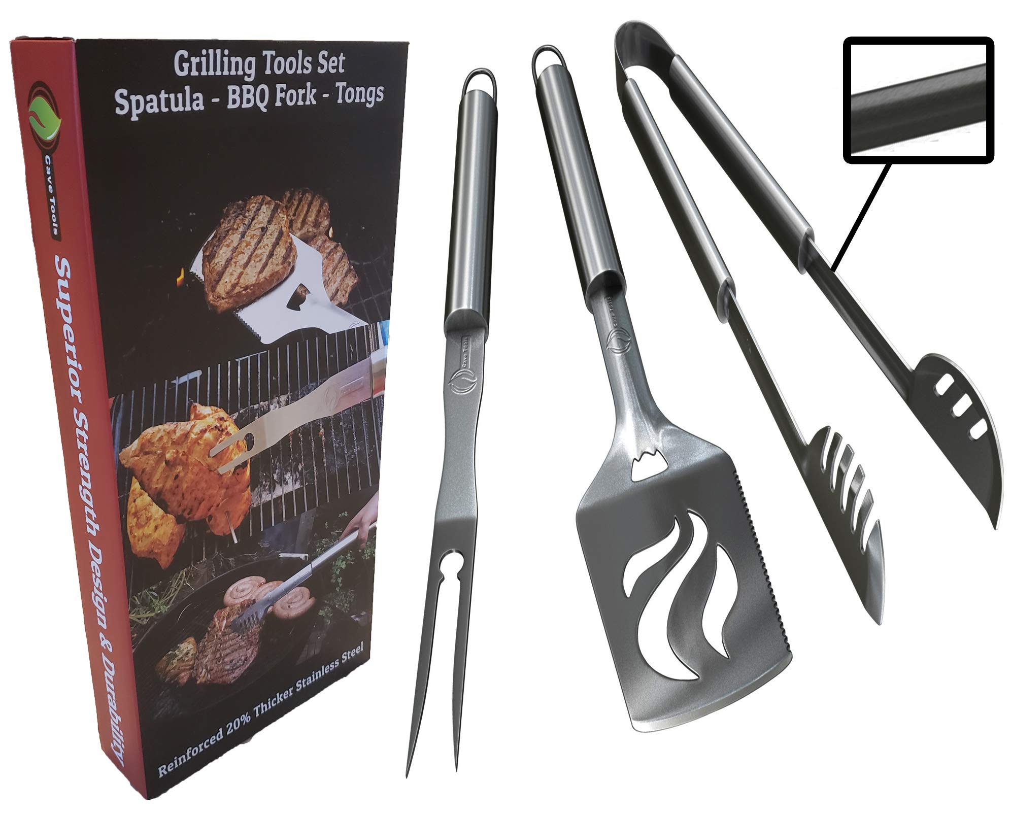 Cave Tools 3-Piece BBQ Tools Set - Includes Spatula, Tongs, & Fork - Heavy Duty Stainless Steel, Dishwasher Safe - BBQ Grill Accessories