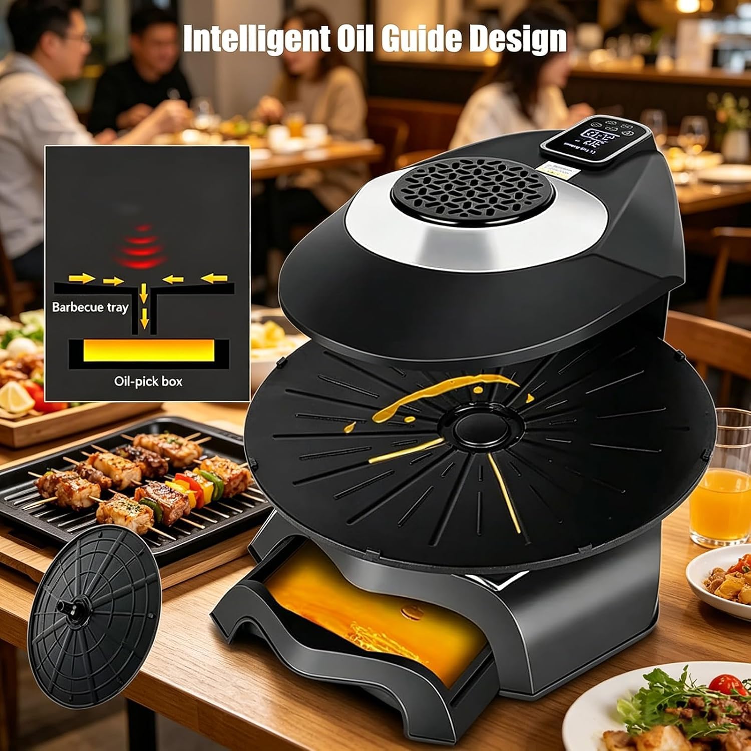 Griglia Elettrica Senza Fumo, Barbecue da Interno con Temperatura Regolabile da 80 A 280 °c, Rotazione A 360 °c, Superficie Antiaderente, Ideale per Casa E Ristoranti, Timer da 1 A 80 Minuti.