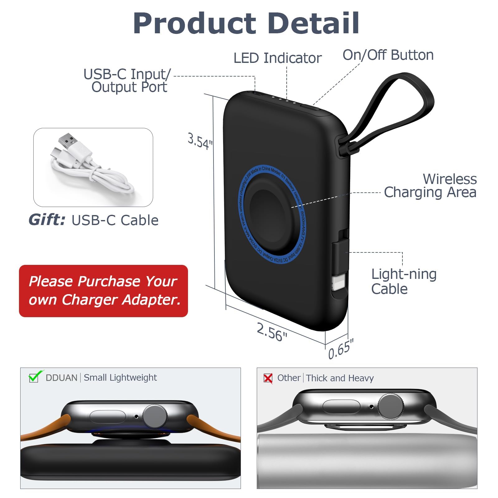 DDUAN Portable Watch Charger for Apple: 5000mAh Travel Wireless Power Bank with USB-C Cable - Keychain Charger Compatible with iwatch 9/8/7/6/5/4/3/2/1/SE2/SE & Phone 15/ Samsung (Black, Light-ning)